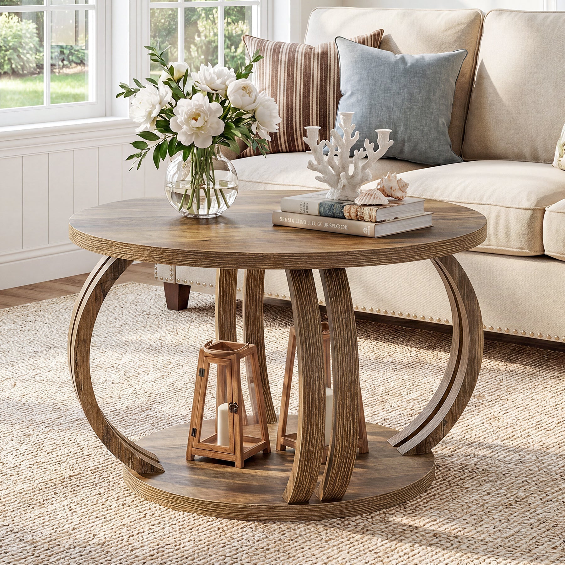 Tribesigns Table basse ronde 80 cm avec étagère, Table de salon avec piètement en colonne sculpturale