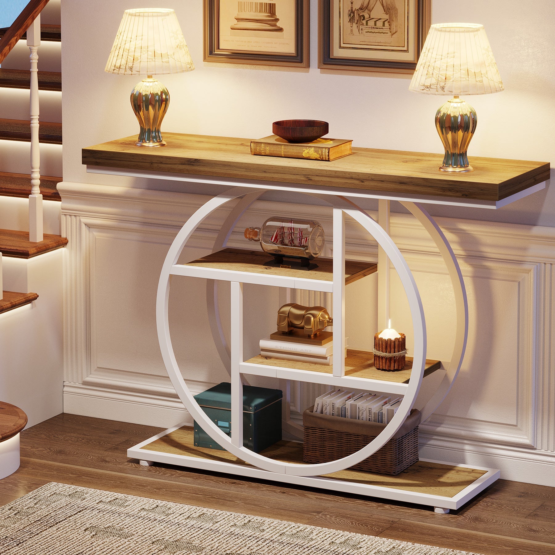 Tribesigns Table console à 4 niveaux avec base circulaire, Tables d'appoint étroites en bois