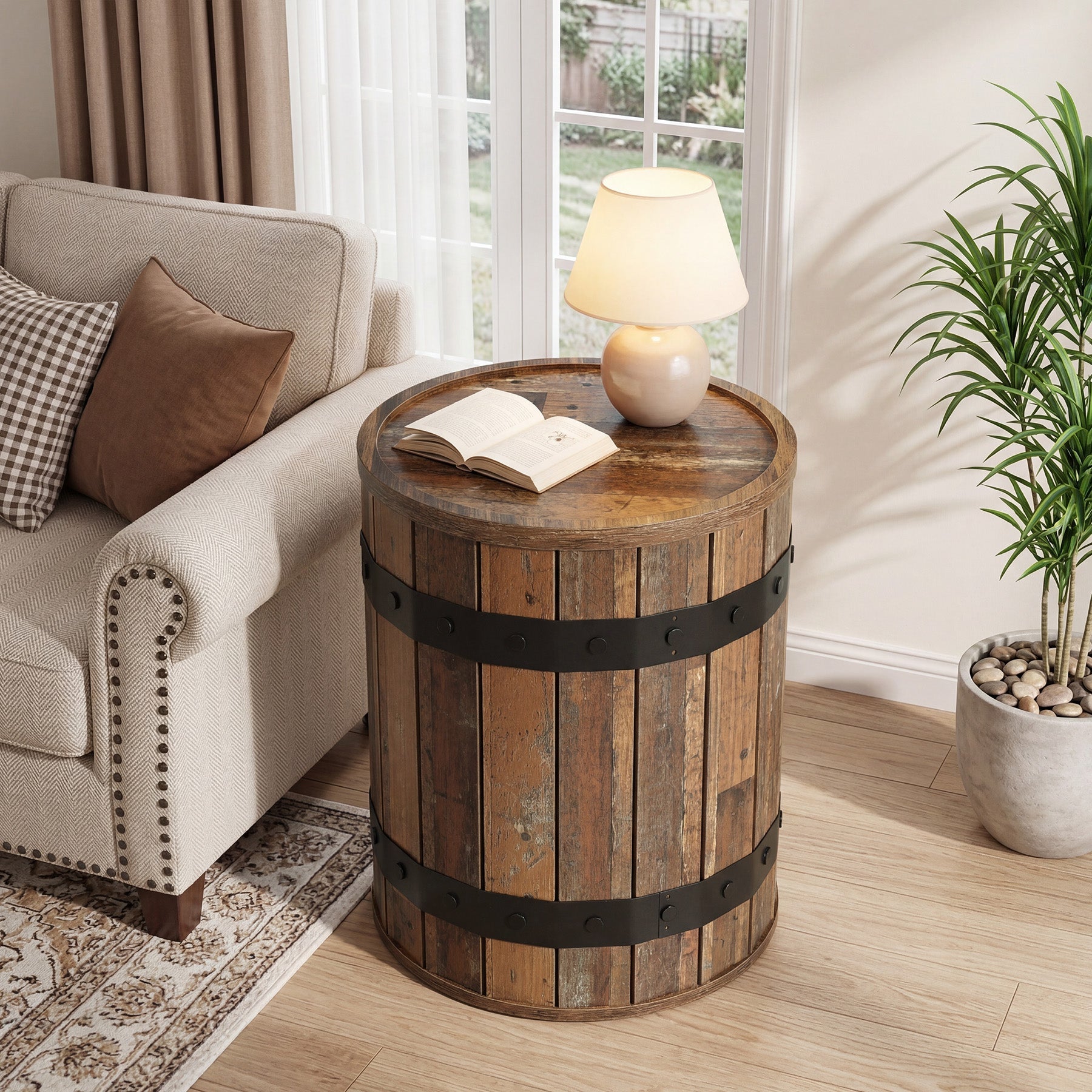 Tribesigns Table d’Appoint Ronde Forme Tonneau avec Rangement, Ø 50 cm, pour Salon et Chambre