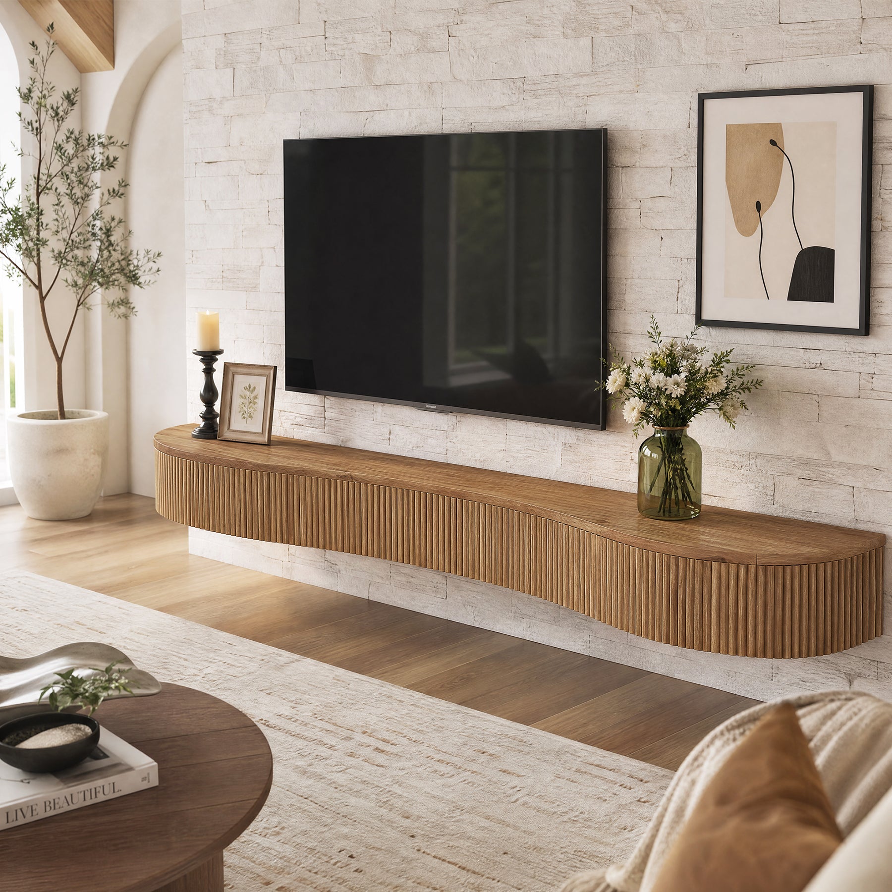 Tribesigns Étagère de Cheminée Flottante en Bois Massif 180 cm avec Motif Cannelé