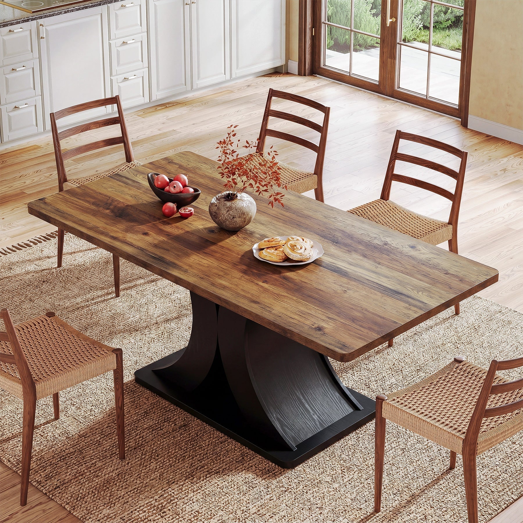 Table de salle à manger 140 cm pour 4 à 6 personnes, Table de cuisine rectangulaire de style champêtre