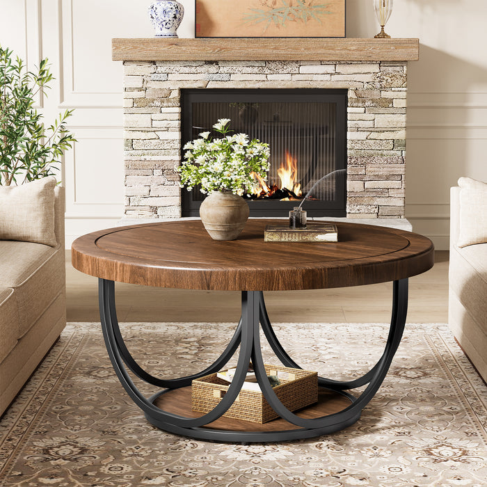 Tribesigns Table basse ronde de 80 cm avec étagère, Table de salon à deux niveaux de style industriel avec structure en métal