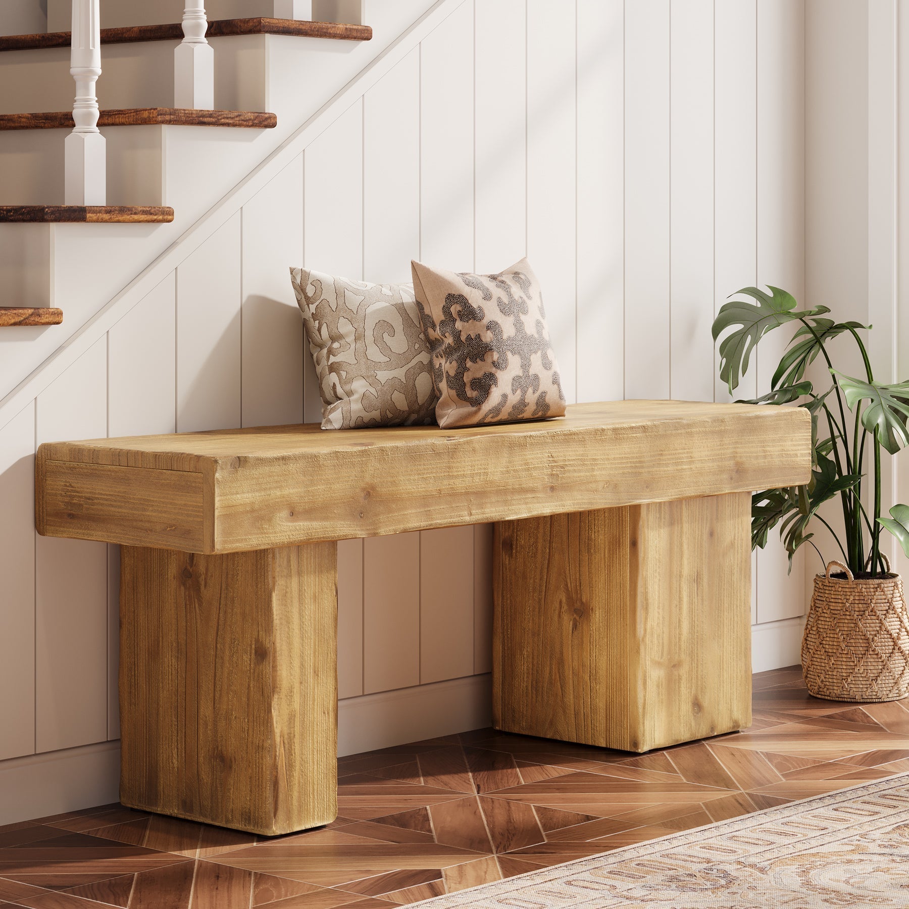 Massief houten halbank van 119 cm, Rustieke stijl met dikke zitting