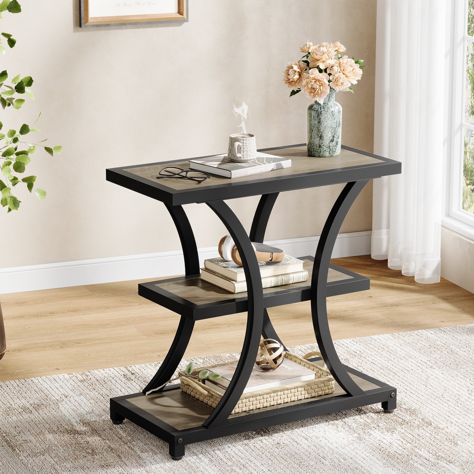 Tribesigns Table d'appoint avec espace de rangement, Table d'appoint à 3 niveaux avec design géométrique en métal