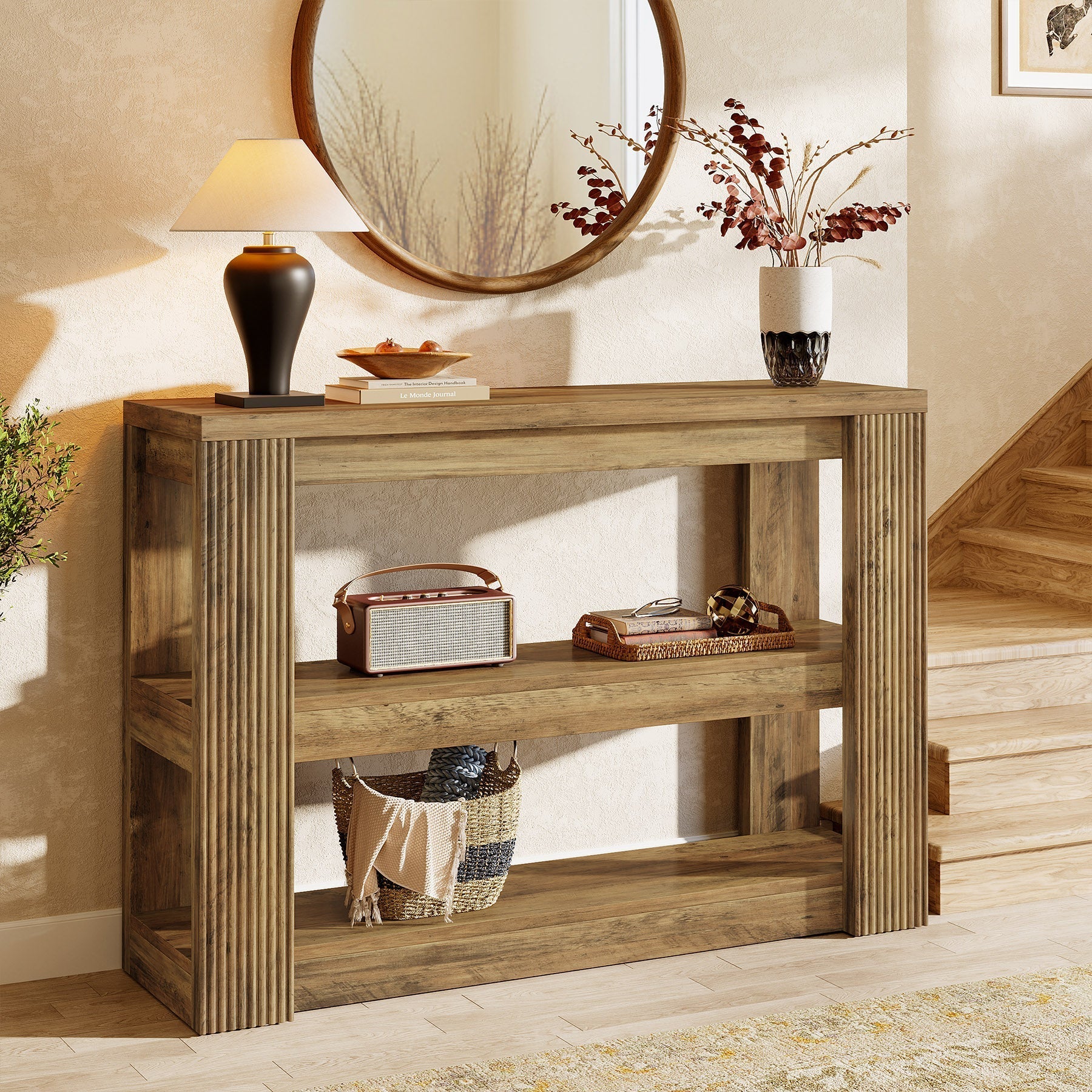 Tribesigns Console étroite 105 cm, Table basse de style campagnard à 3 niveaux avec étagères