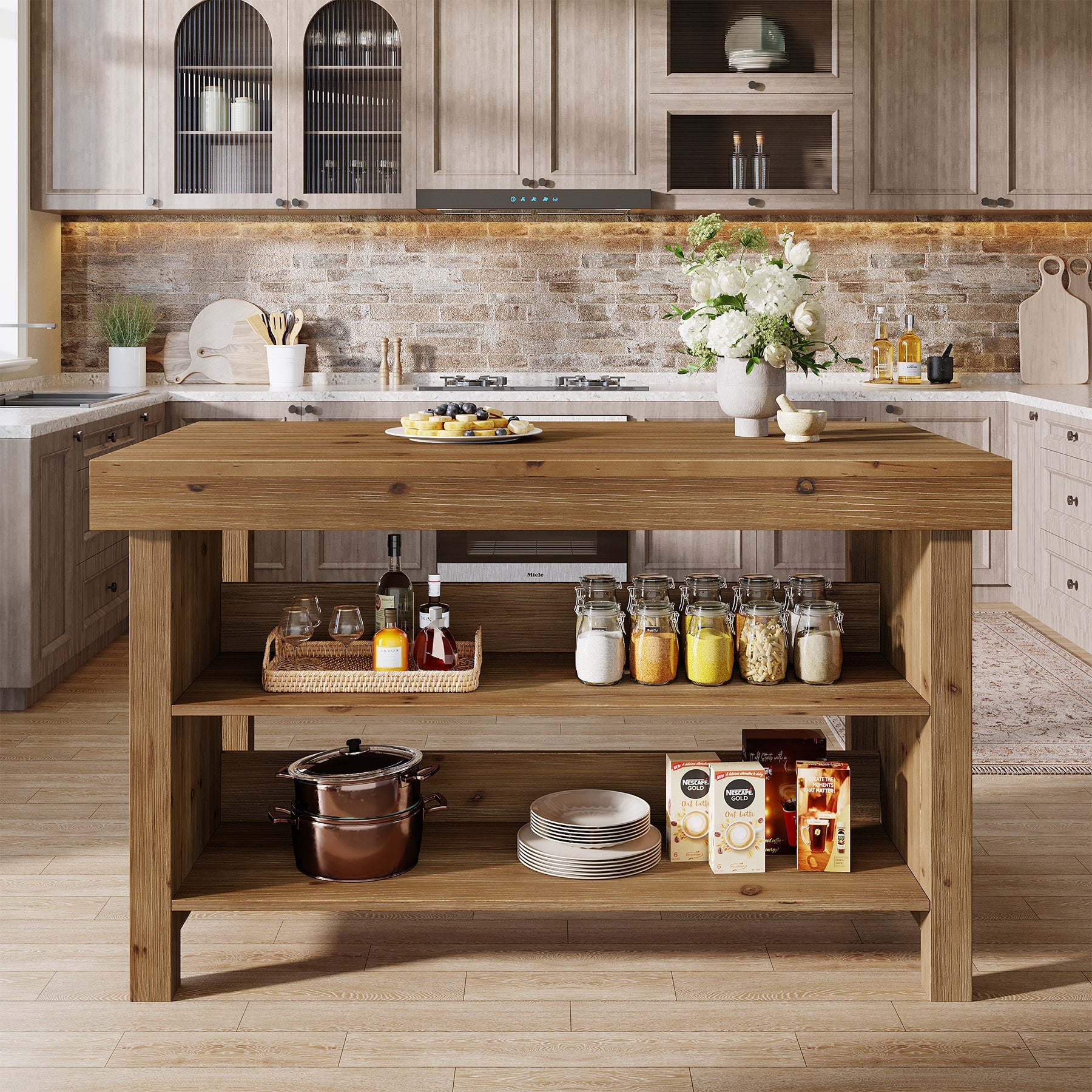 Tribesigns Îlot de Cuisine 140 cm, Table de Cuisine en Bois Massif