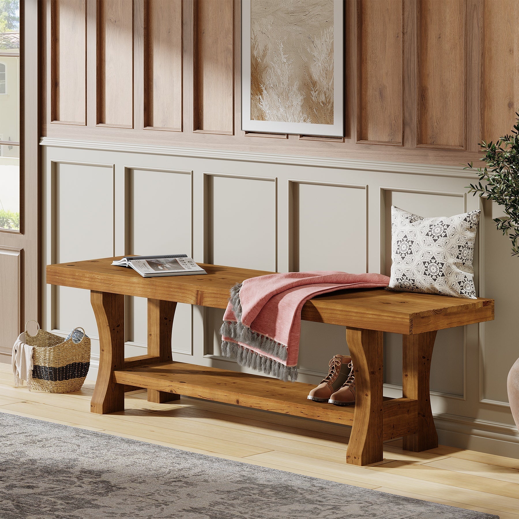 Banc en bois massif de 140 cm, Long banc en bois de style campagnard avec rangement