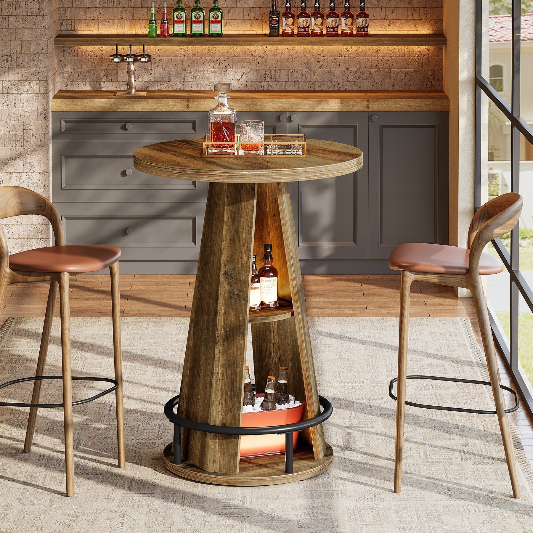 Tribesigns Ronde bartafel van 100 cm met opbergruimte, industriële bistrotafel voor woonkamer, bar, kleine ruimtes