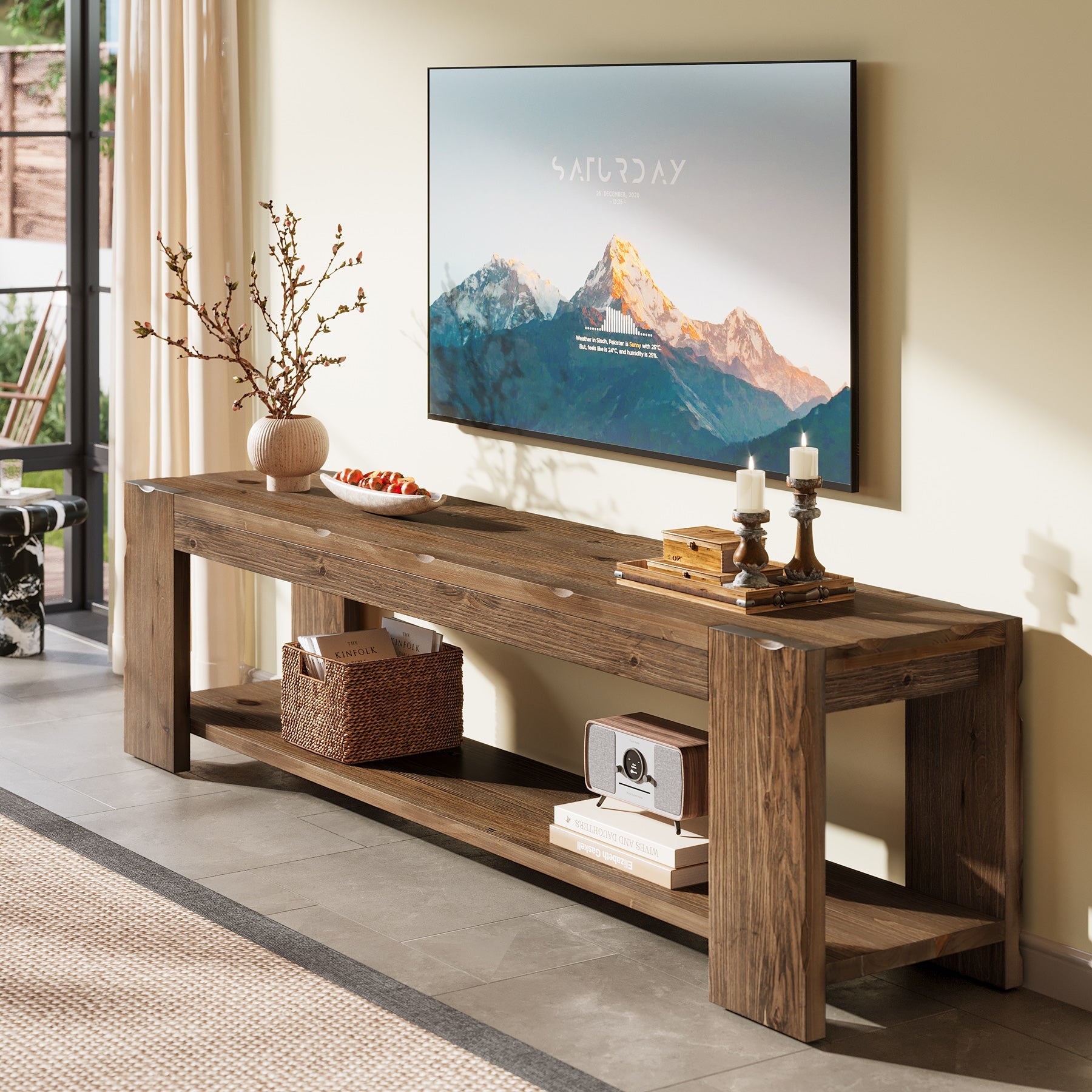 Tribesigns Meuble TV en Bois Massif 140 cm à 2 Niveaux pour TV jusqu’à 60 Pouces