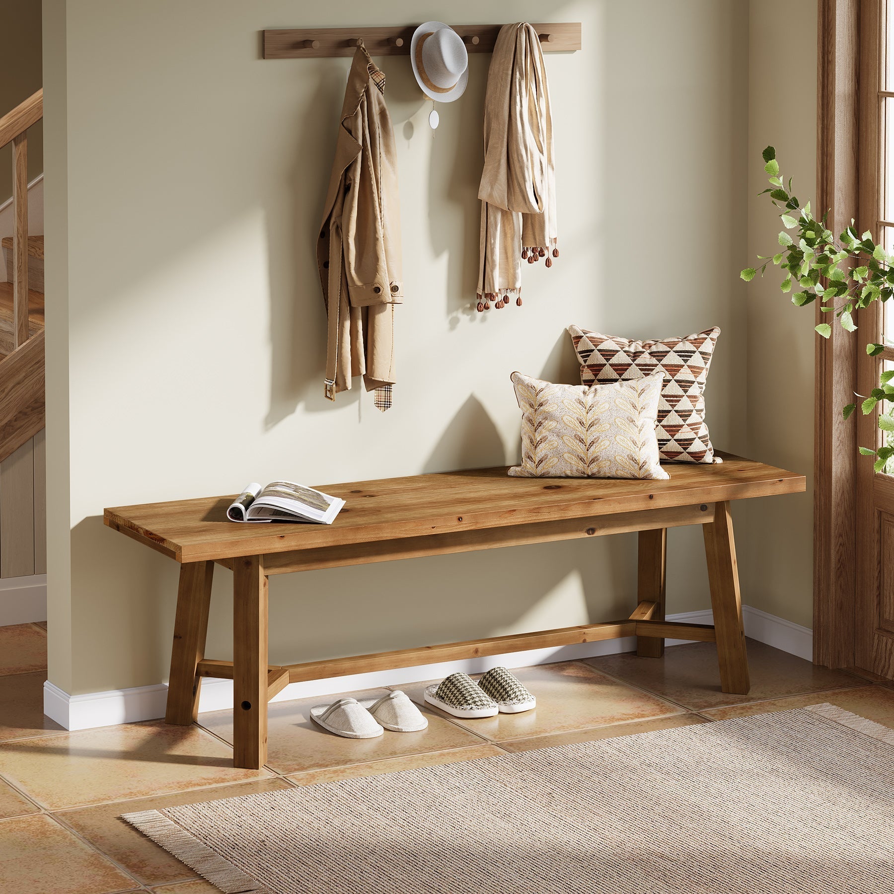 Banc en bois massif 140 cm, style champêtre, idéal pour une entrée, un rangement à chaussures ou une salle à manger