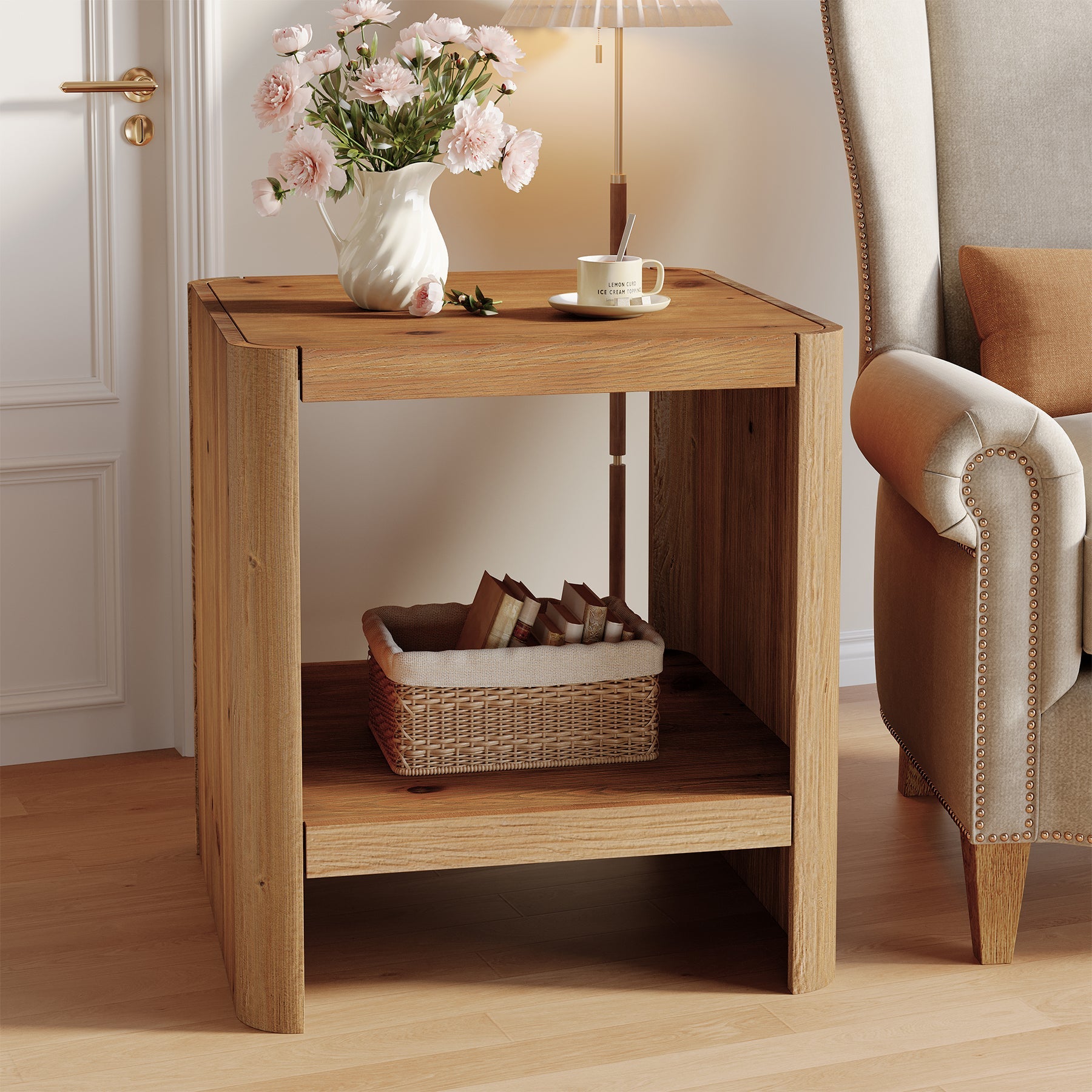 Tribesigns Table d’Appoint en Bois Massif, Petite Table de Chevet à Deux Niveaux avec Étagère