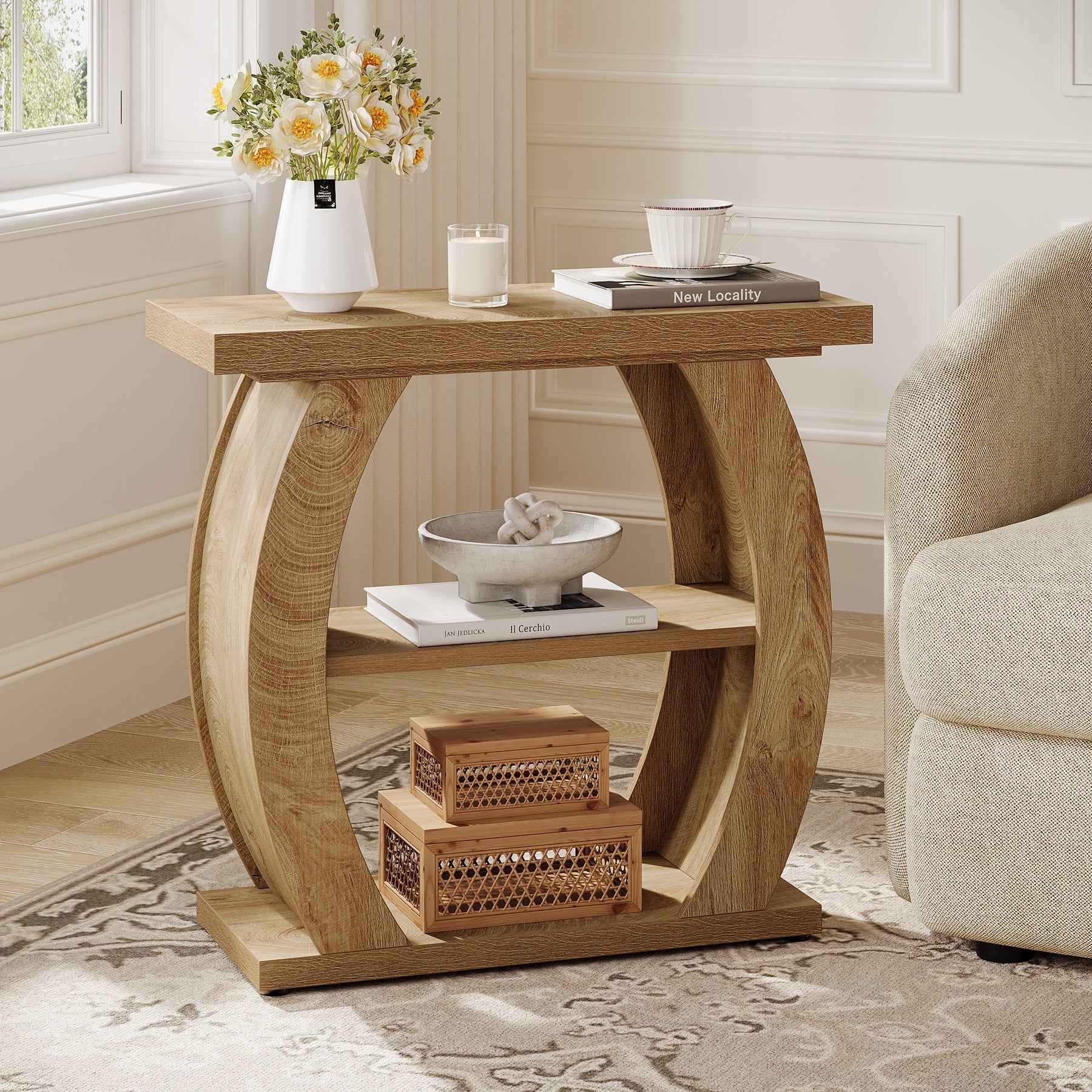 Tribesigns Smalle Bijzettafel voor Woonkamer of Slaapkamer, 60 cm Tafel met 3 Opbergniveaus