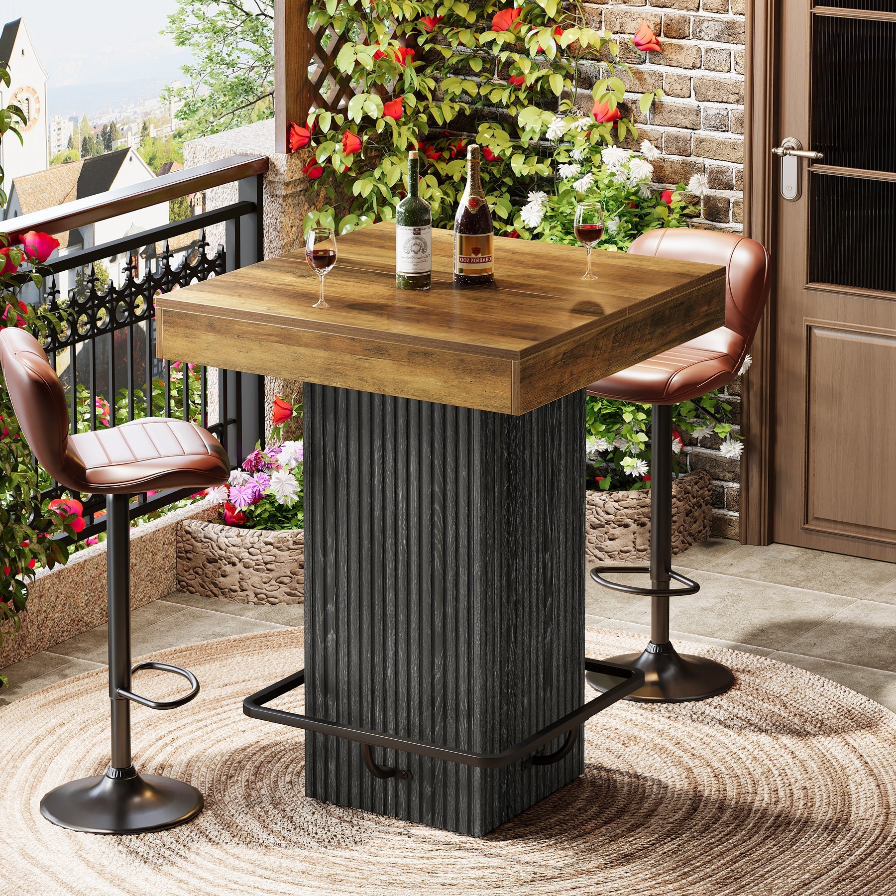 Table de bar carrée de 80 x 80 x 101 cm avec repose-pieds en métal, Table de pub de style industriel pour cuisine/salle à manger