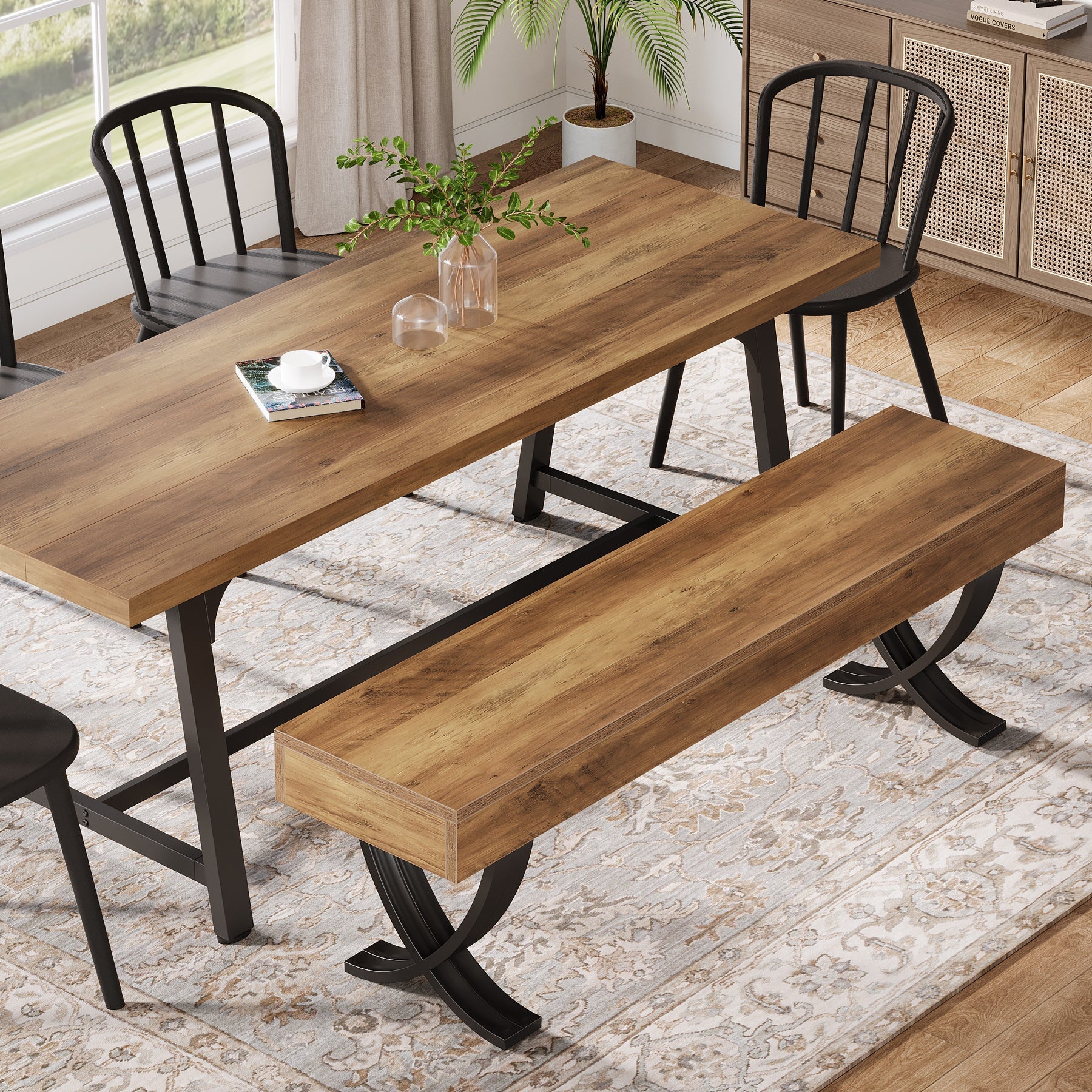 Tribesigns Banc de salle à manger rustique de 140 cm avec plateau imitation bois et pieds en X en métal, Long banc de cuisine pour salle à manger et couloir (banc uniquement)