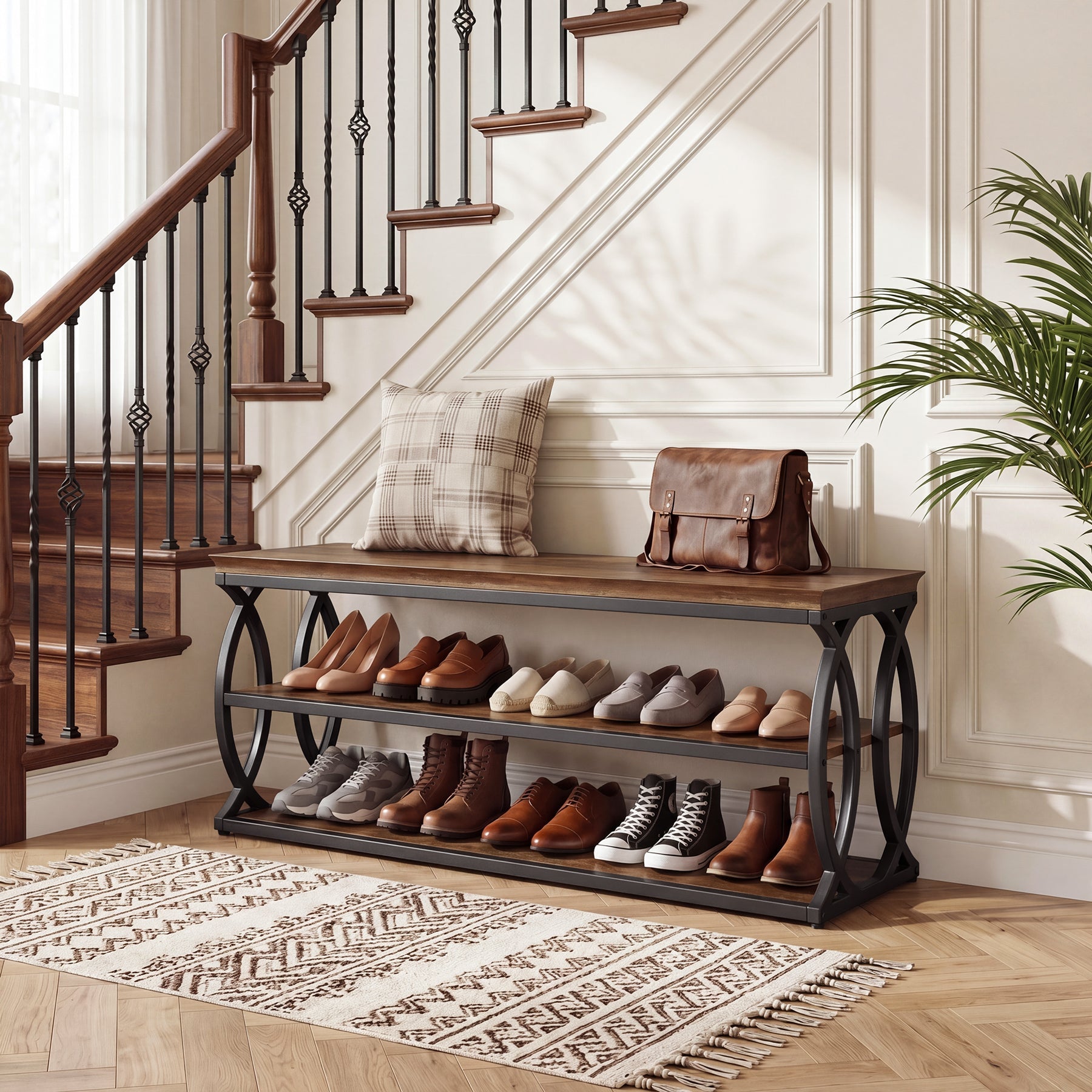 Tribesigns Banc à Chaussures de 120 cm avec Rangement, Meuble à Chaussures à 3 Niveaux avec Assise, Style Industriel Rustique
