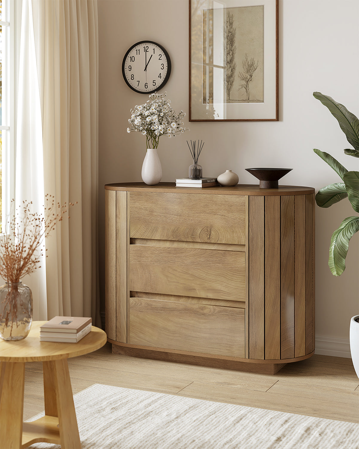 Tribesigns Commode Moderne Effet Chêne 90 cm avec 3 Tiroirs et Côtés à Lattes