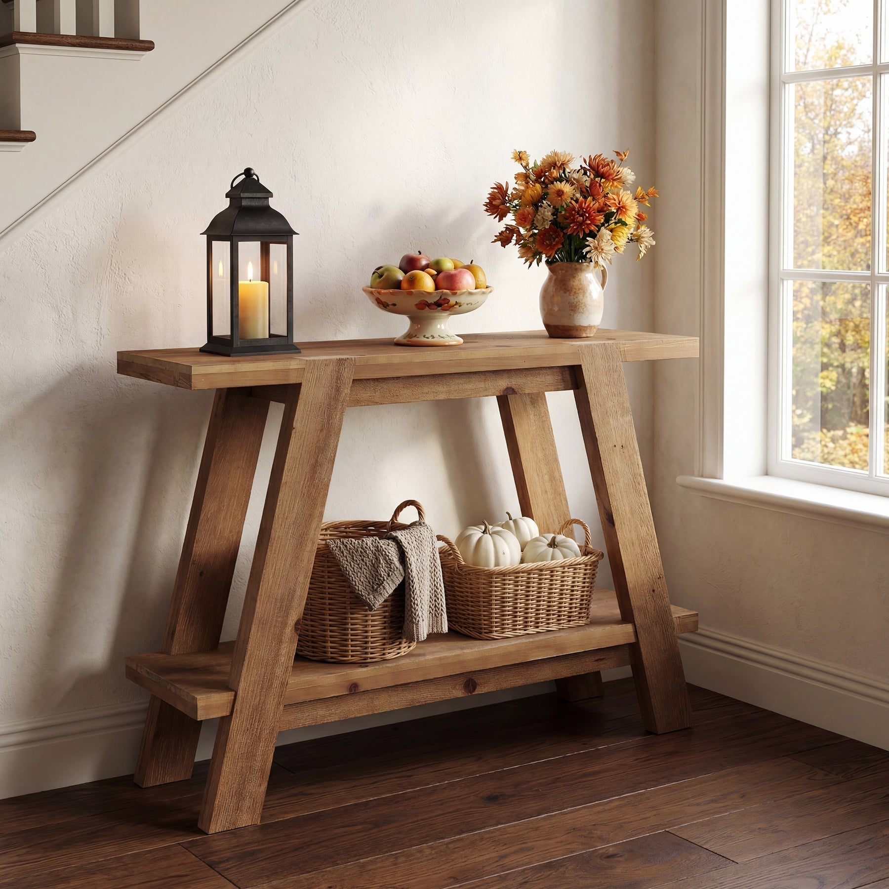 Tribesigns Console étroite en bois massif de 110 cm de long, Style campagnard Table basse avec 2 étagères