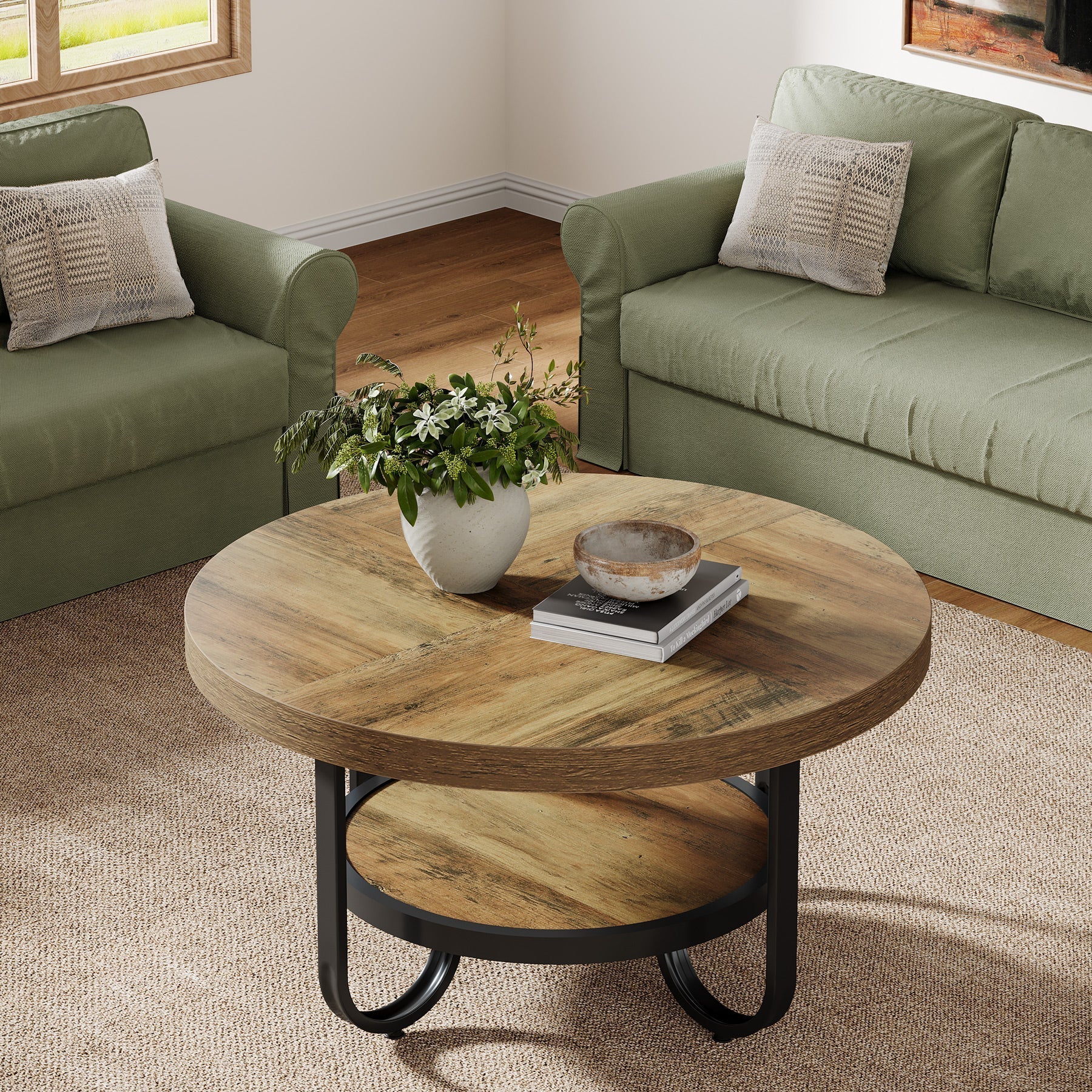 Table basse Tribesigns à deux niveaux, Table centrale de 79 cm avec étagère de rangement