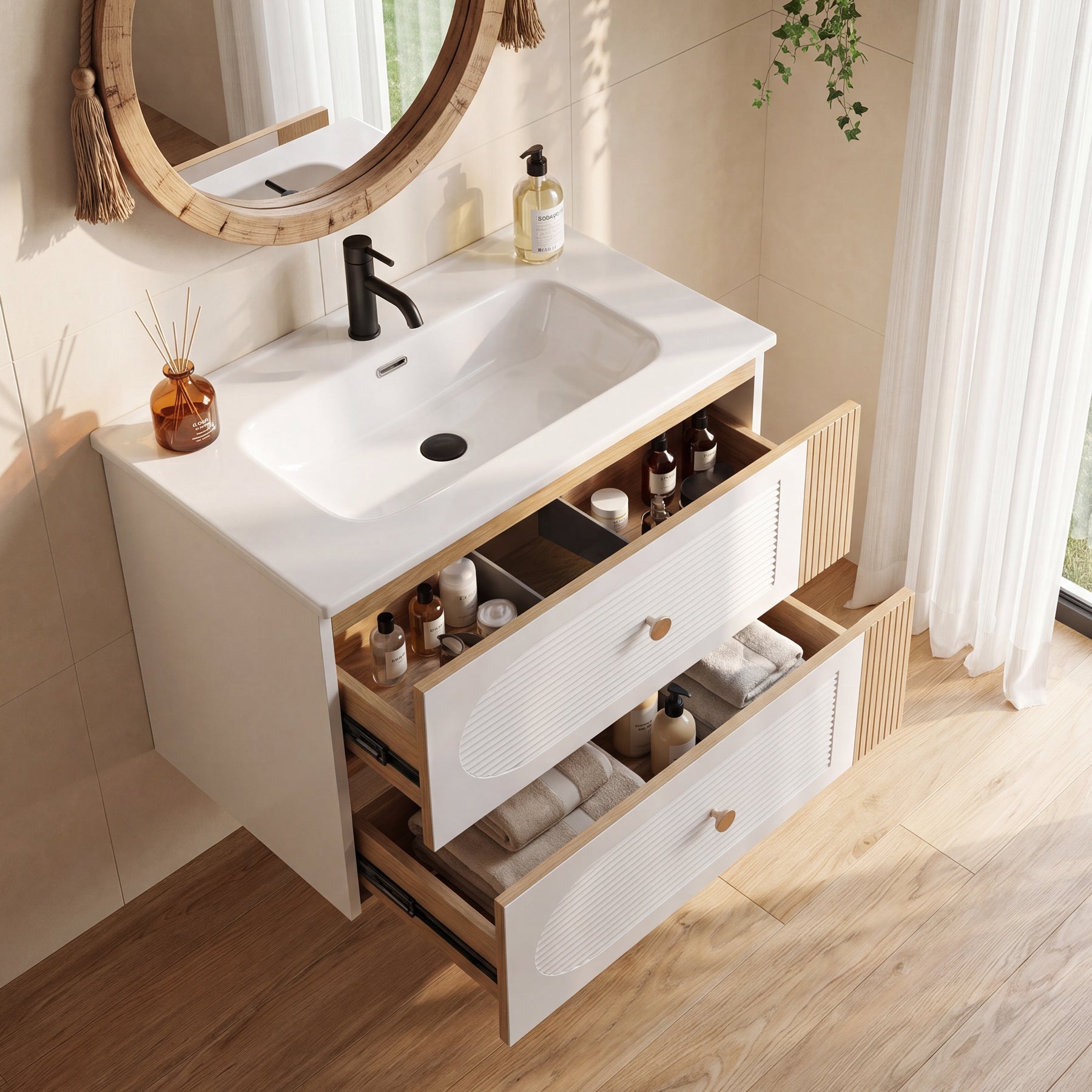 Tribesigns Meuble de Salle de Bain Suspendu 60 cm avec Vasque en Céramique, Blanc, 2 Tiroirs