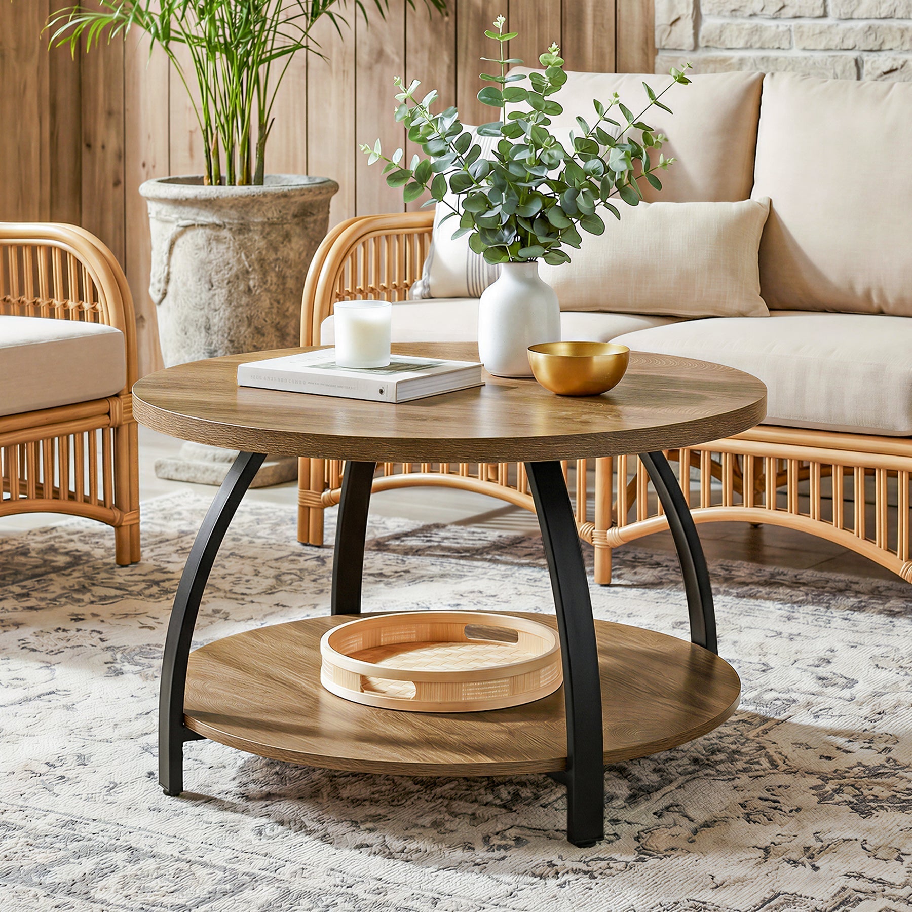 Tribesigns Table basse ronde de 80 cm avec 2 étagères, Petite table d'appoint de style industriel avec pieds en métal