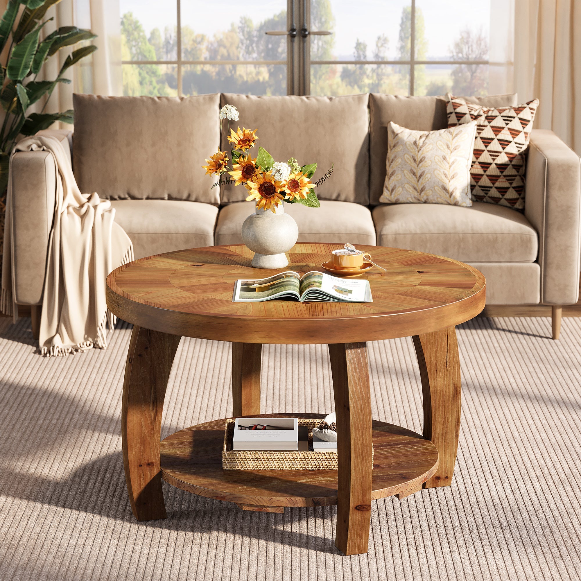 Tribesigns Table Basse Ronde en Bois Massif de 80 cm, Table à Deux Niveaux