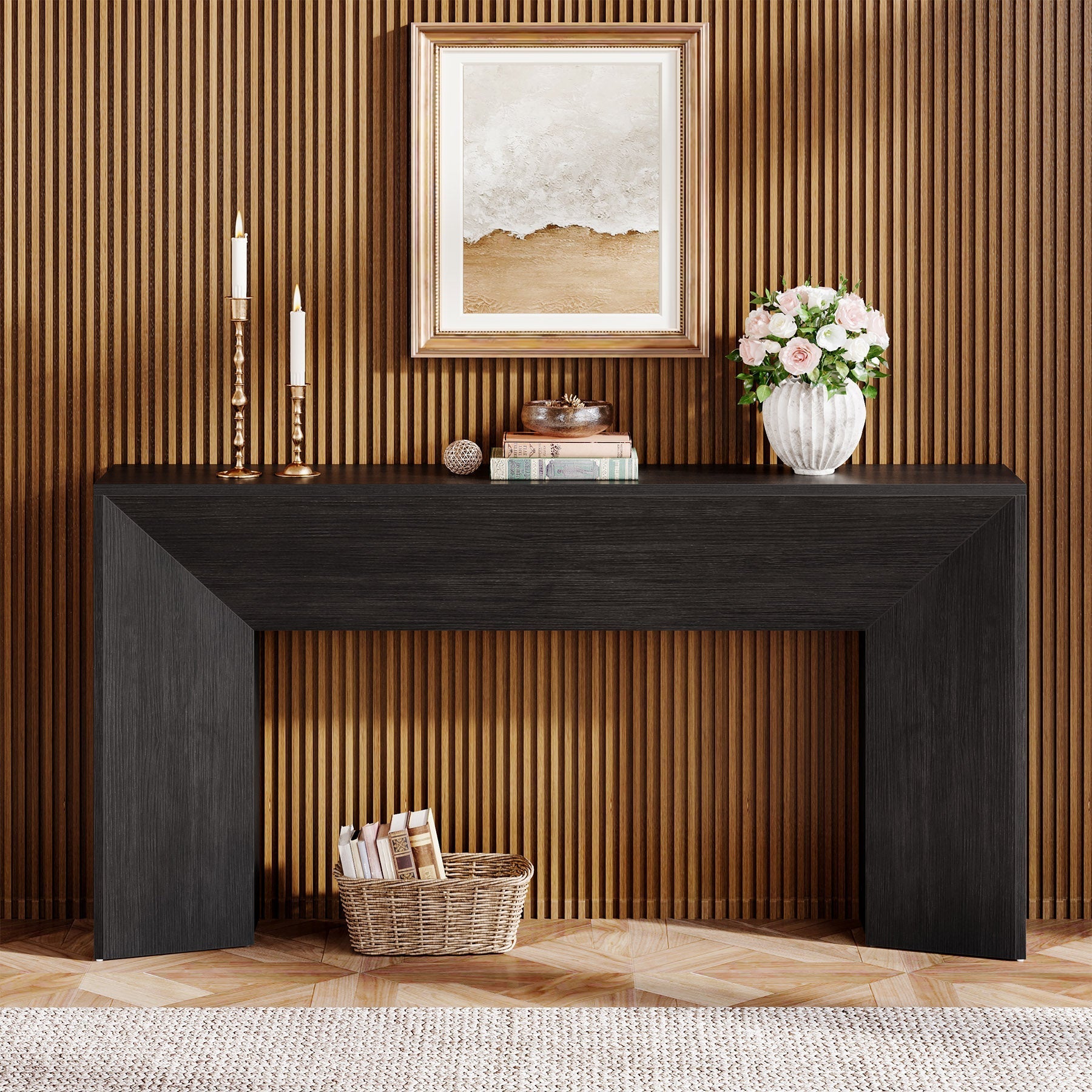 Tribesigns Console 160 cm pour entrée, Table d'appoint en bois noir pour salon et couloir