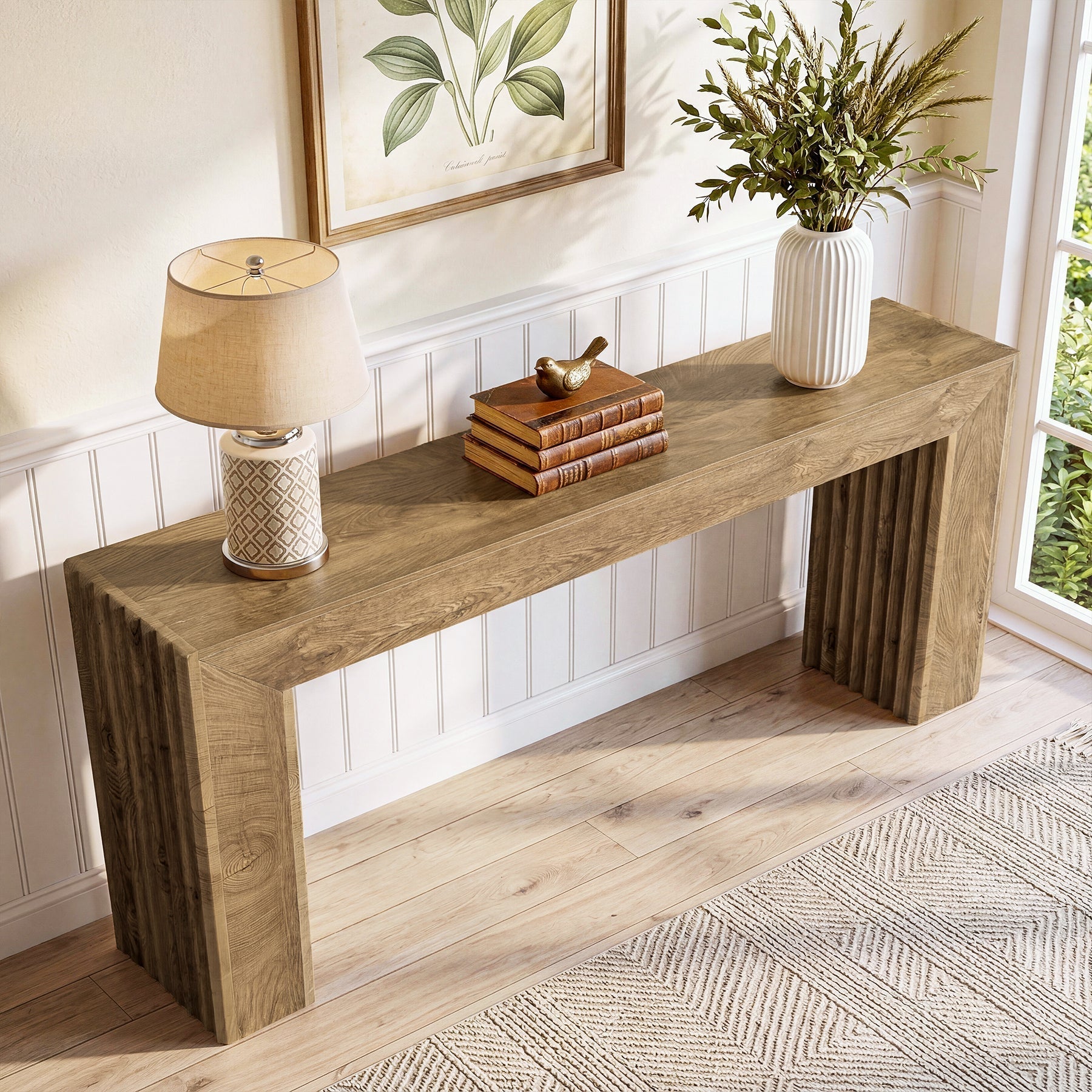 Console de 160 cm avec pieds colonnes cannelés, Table d'entrée étroite de style romain