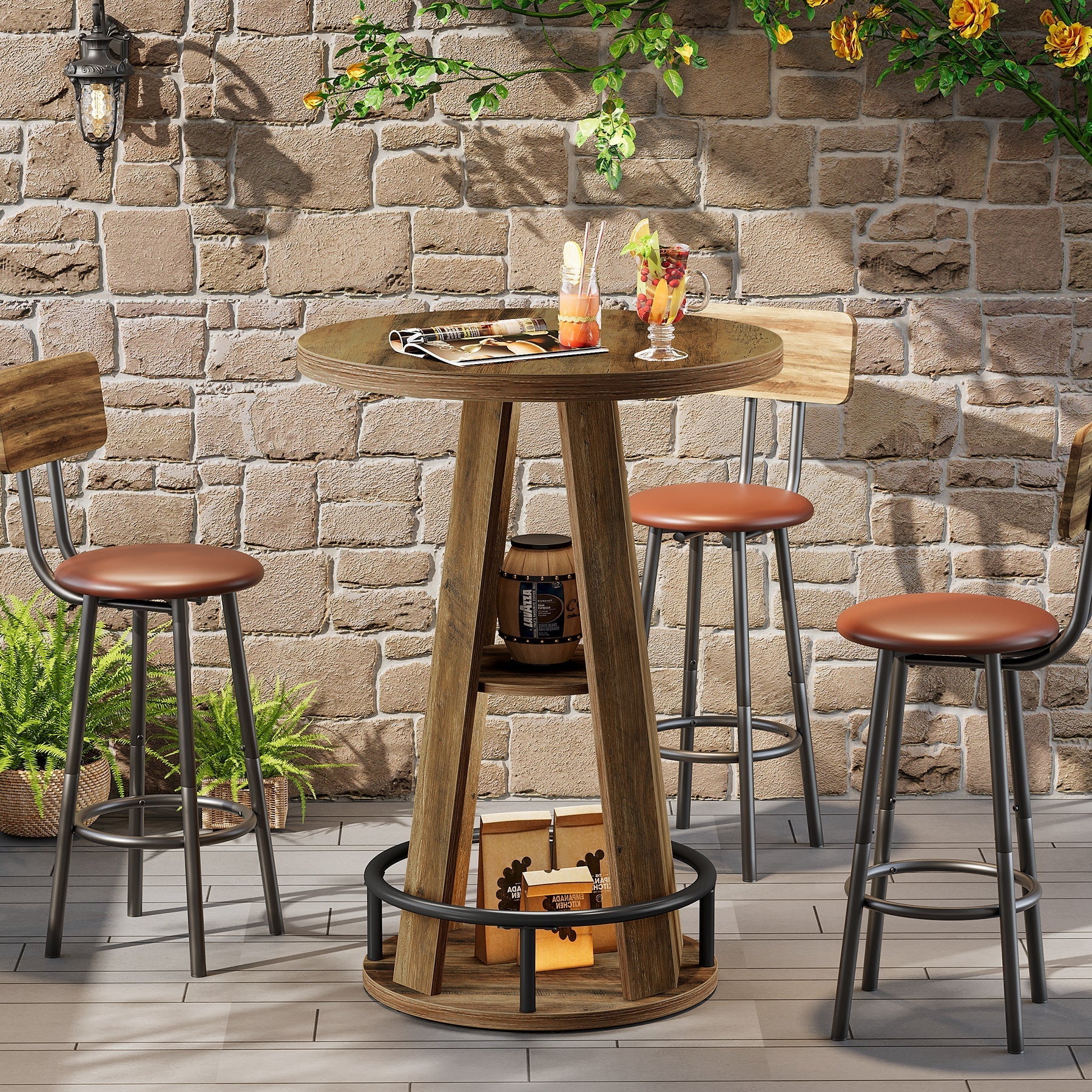 Tribesigns Ronde bartafel van 100 cm met opbergruimte, industriële bistrotafel voor woonkamer, bar, kleine ruimtes