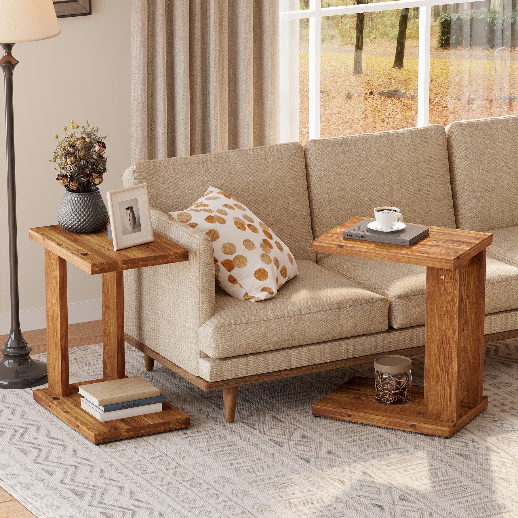 Tribesigns Table d’Appoint en C en Bois Massif, 50 x 35 x 60 cm avec 2 Niveaux, pour Salon