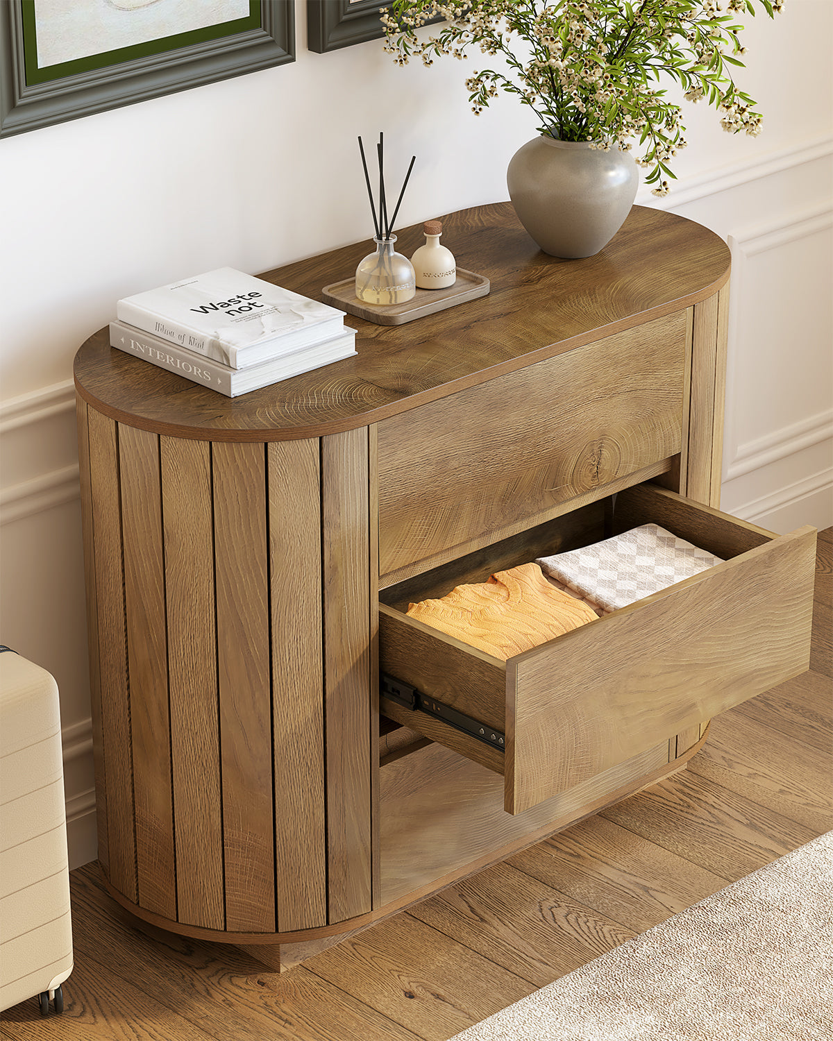 Tribesigns Commode Moderne Effet Chêne 90 cm avec 3 Tiroirs et Côtés à Lattes