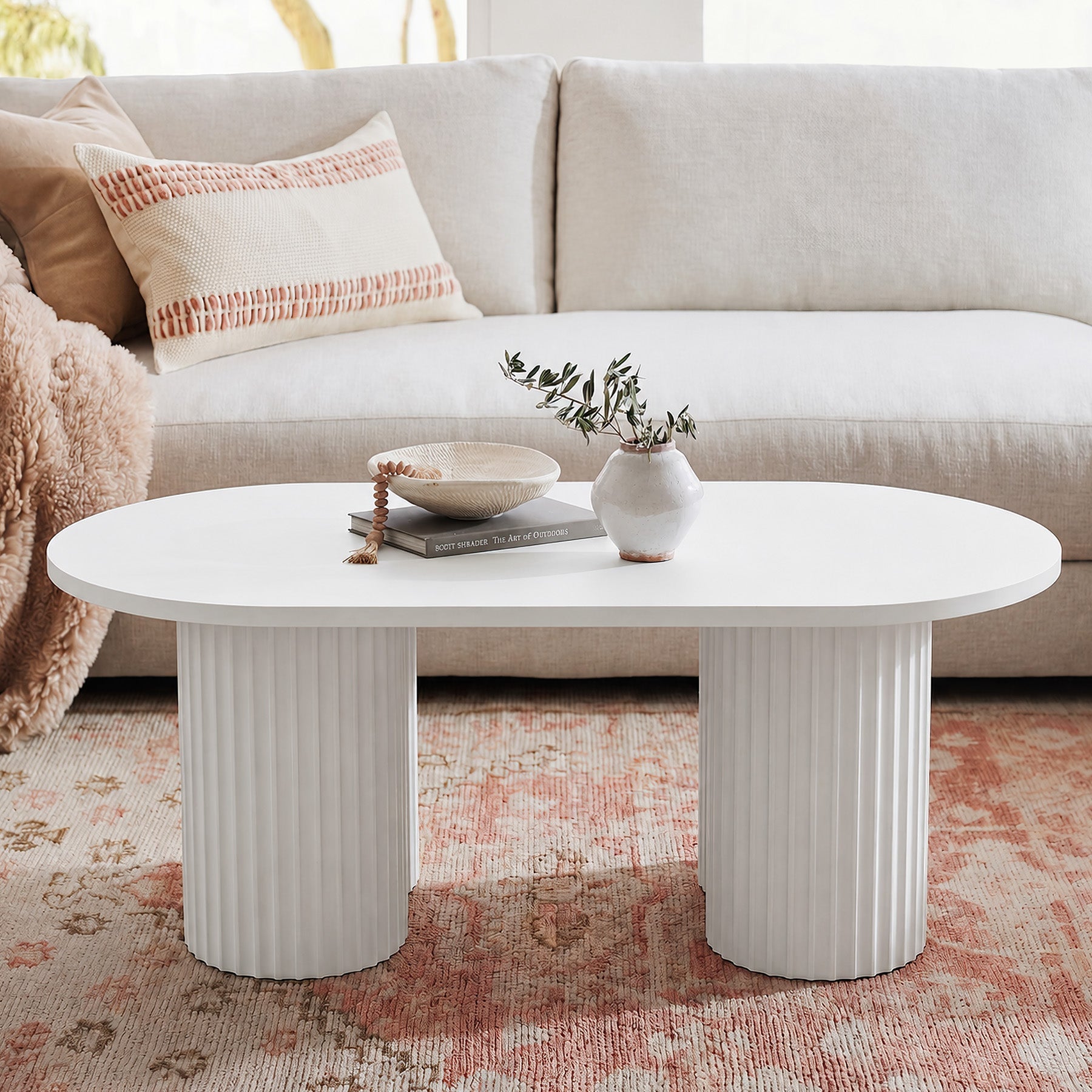 Tribesigns Table basse ovale de 120 cm, Table de salon moderne avec un plateau rainuré au design minimaliste