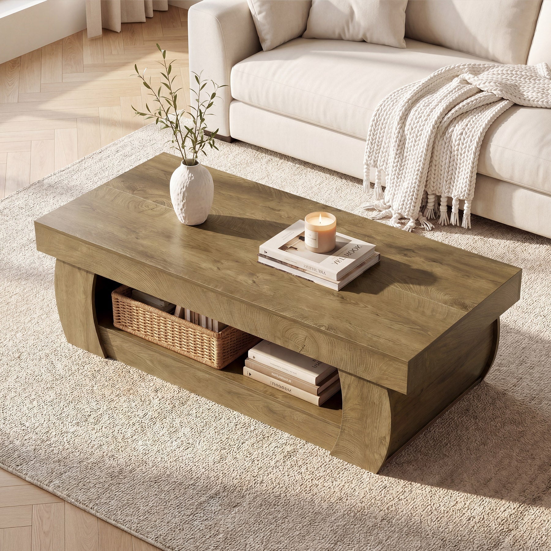 Tribesigns Table basse moderne de 140 cm avec étagère de rangement ouverte, Table de salon rectangulaire aux côtés incurvés
