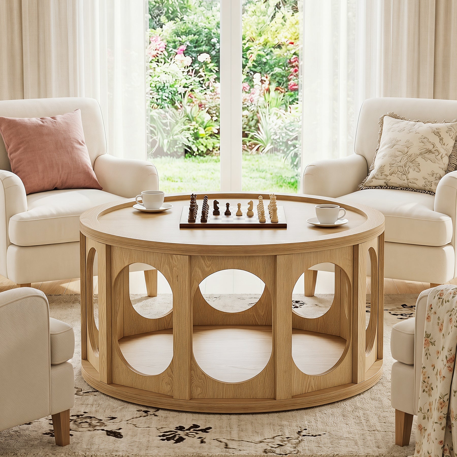 Tribesigns Table Basse Ronde 80 cm pour Chat à 2 Niveaux avec Niche