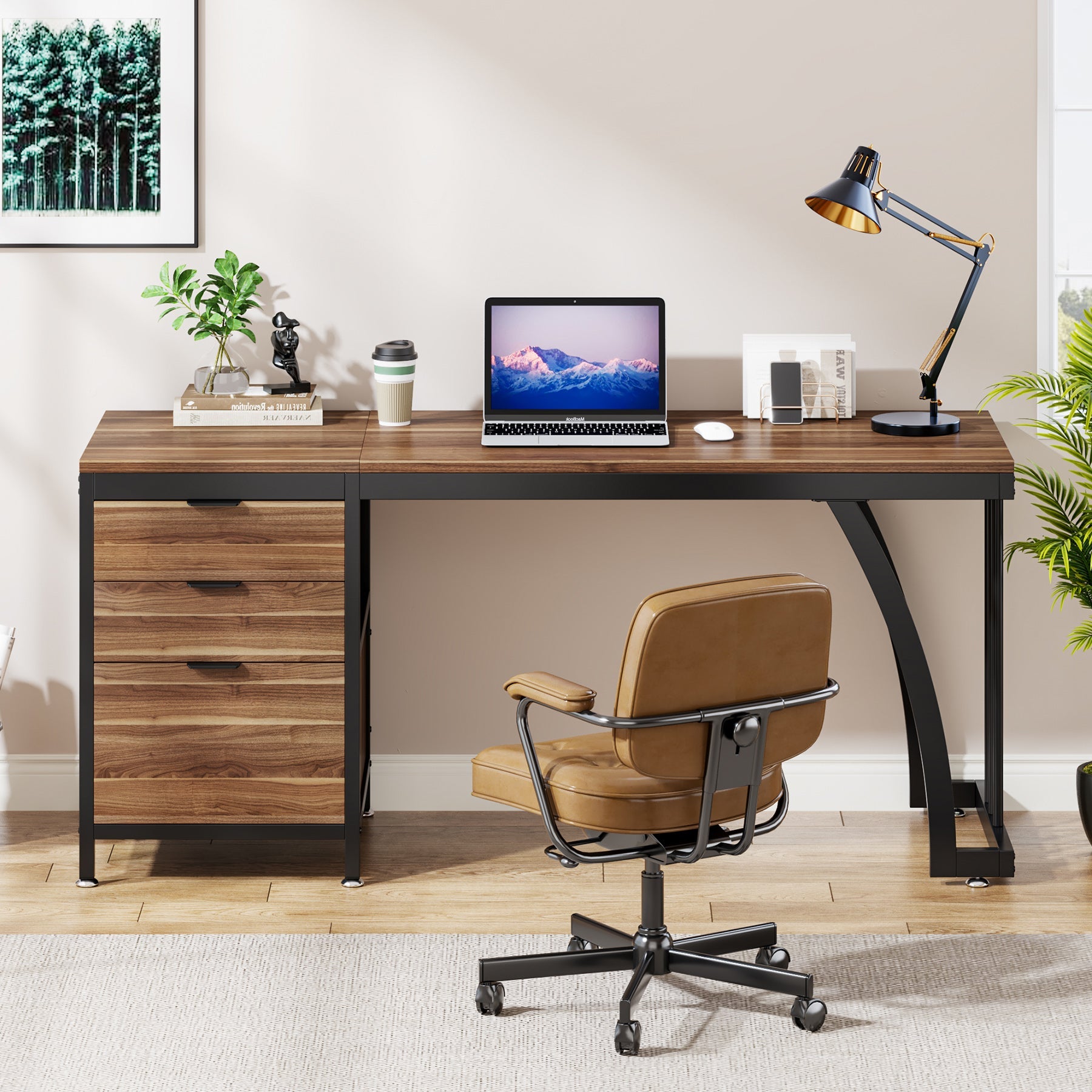 Tribesigns Bureau informatique industriel, Bureau 150 cm avec armoire à tiroirs réversible