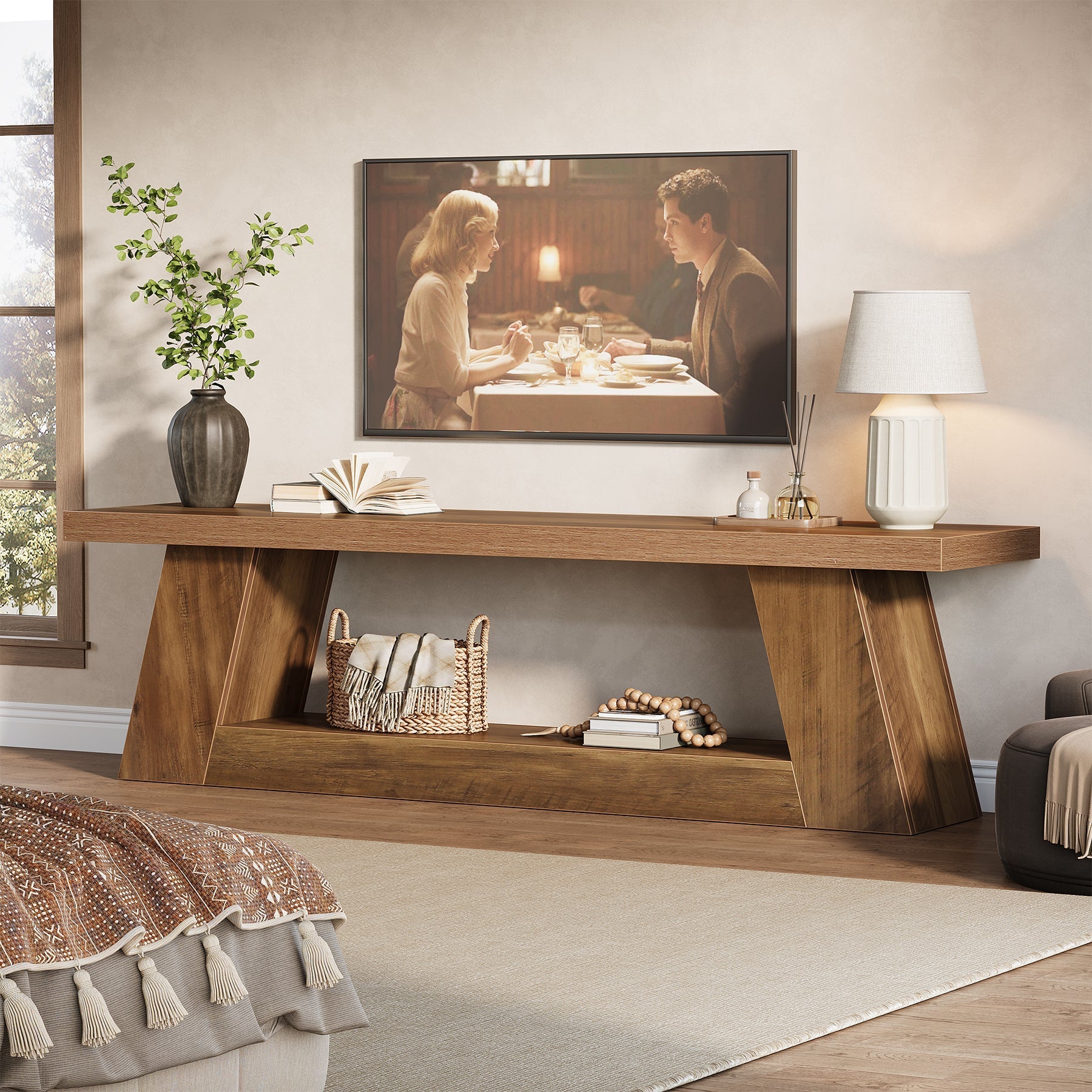 Tribesigns TV-meubel laag 160 cm voor televisies, rustieke stijl met open planken