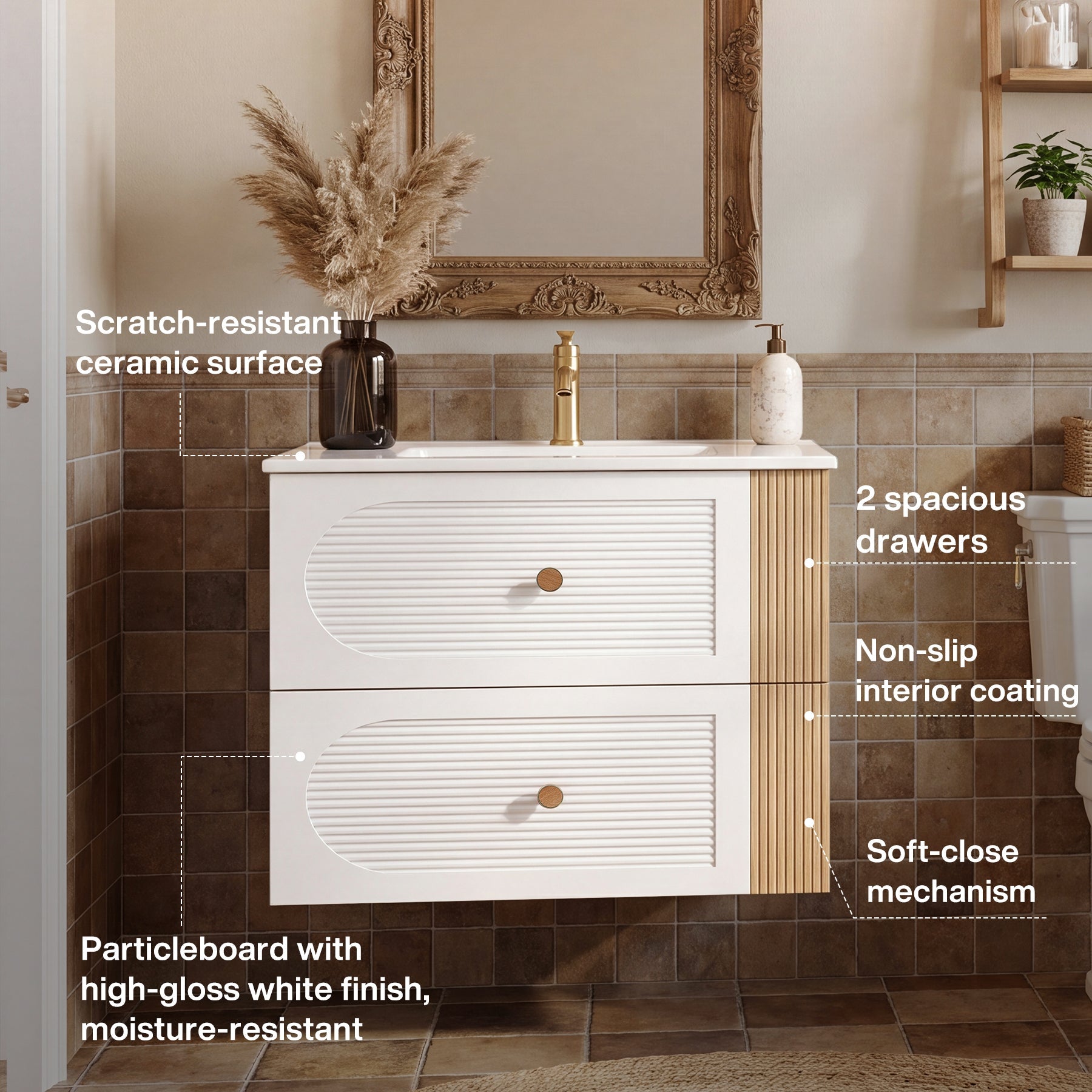 Tribesigns Meuble de Salle de Bain Suspendu 60 cm avec Vasque en Céramique, Blanc, 2 Tiroirs