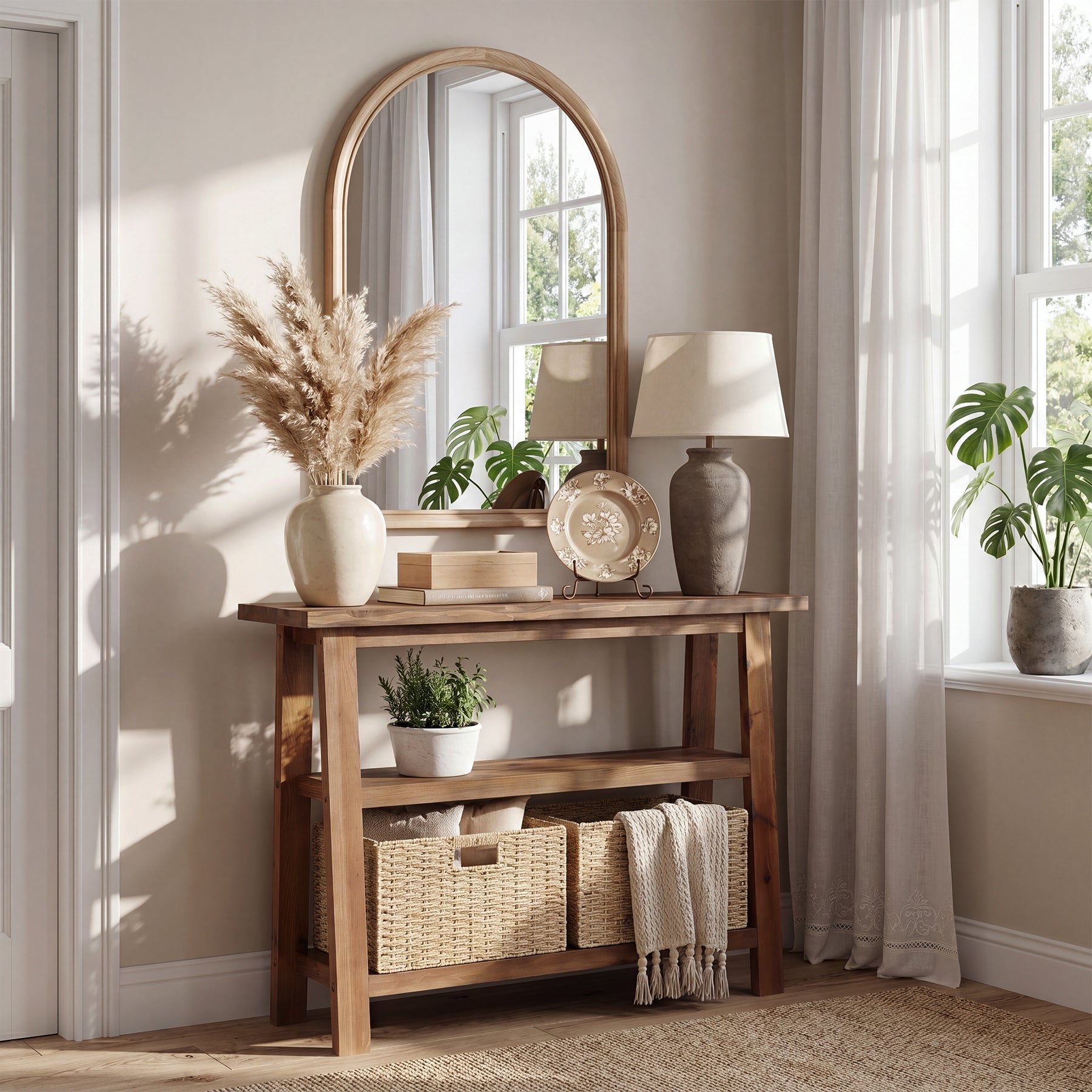 Tribesigns Console en Bois Massif 105 cm avec 2 Paniers et Étagère