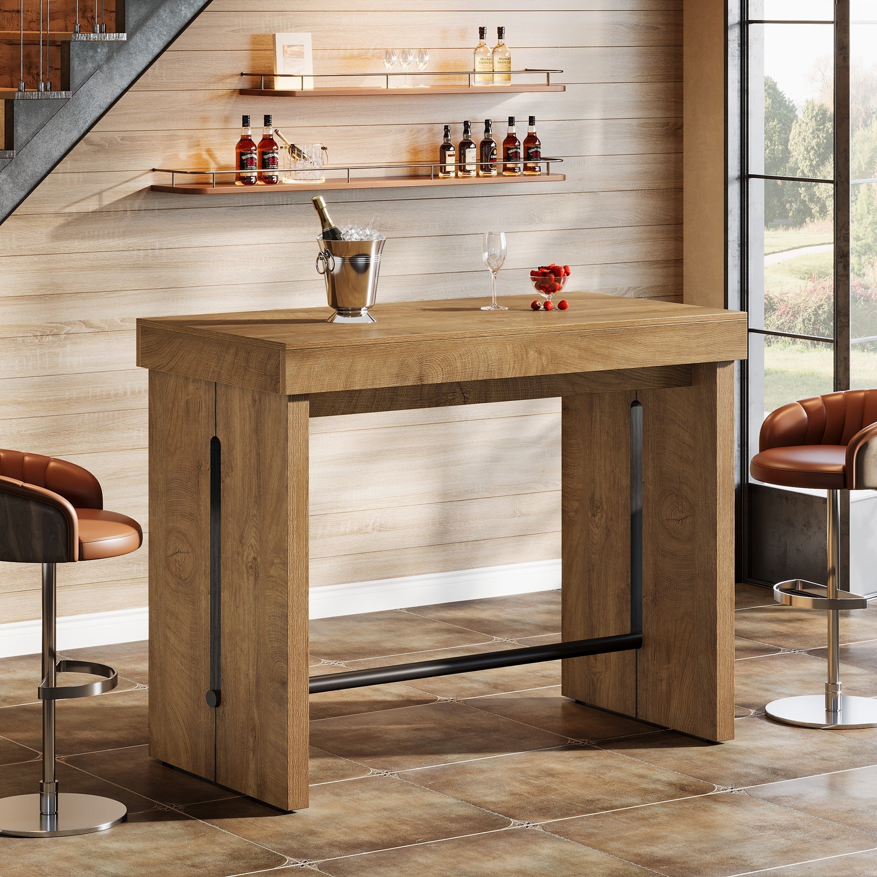 Table de bar 105 cm, Table haute avec repose-pieds, îlot de cuisine et table bistro de style champêtre