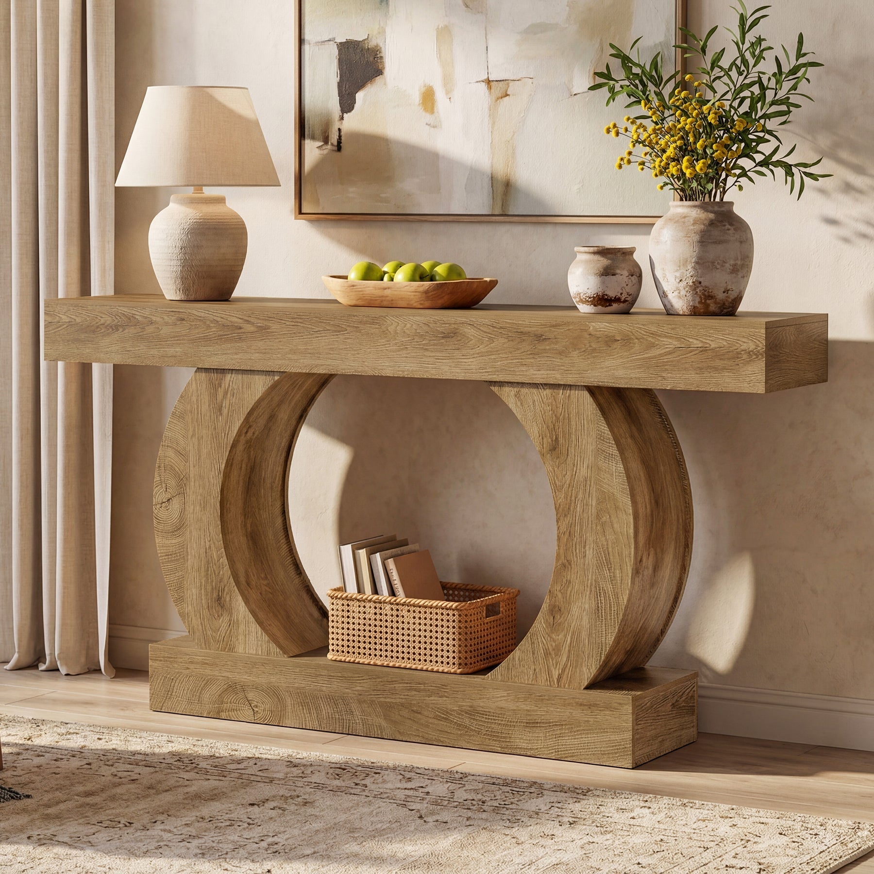 Console rustique 150 x 30 x 85 cm avec base ronde ouverte, Table d'entrée étroite à 2 niveaux pour couloir et salon