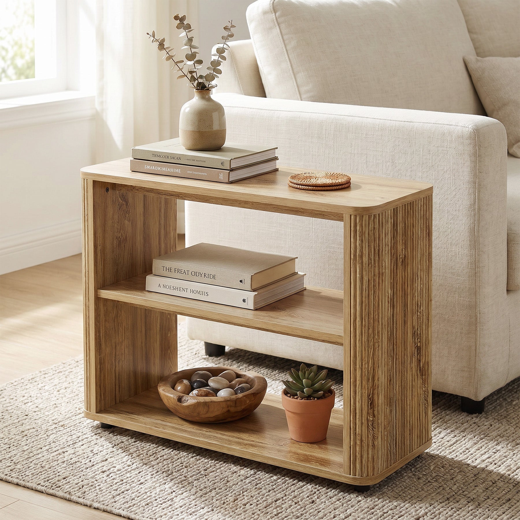 Table d'appoint étroite à 3 étagères, Table de chevet aspect bois pour petites chambres