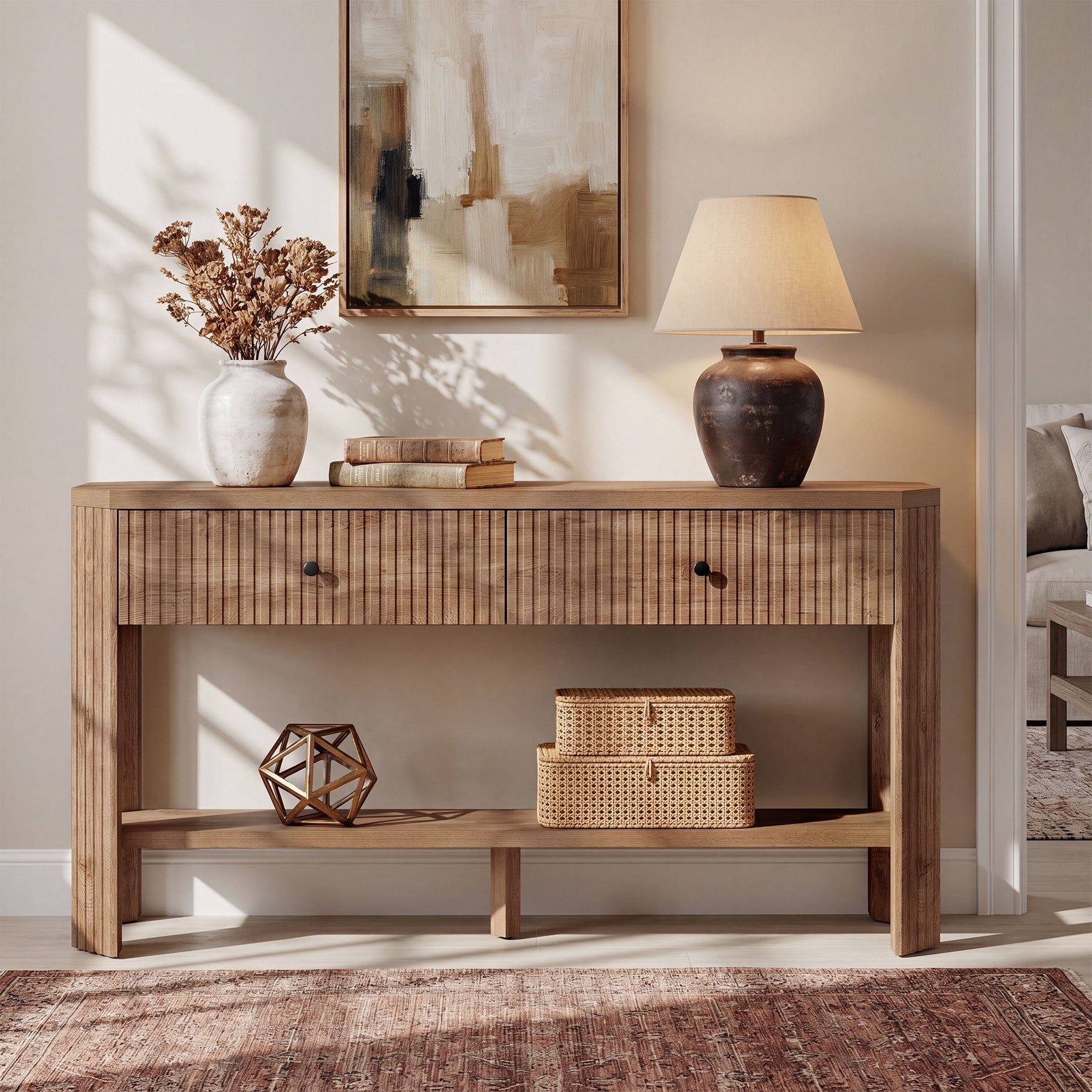 Console de 150 cm avec 2 tiroirs, Table d'entrée étroite et moderne avec étagère et rangement