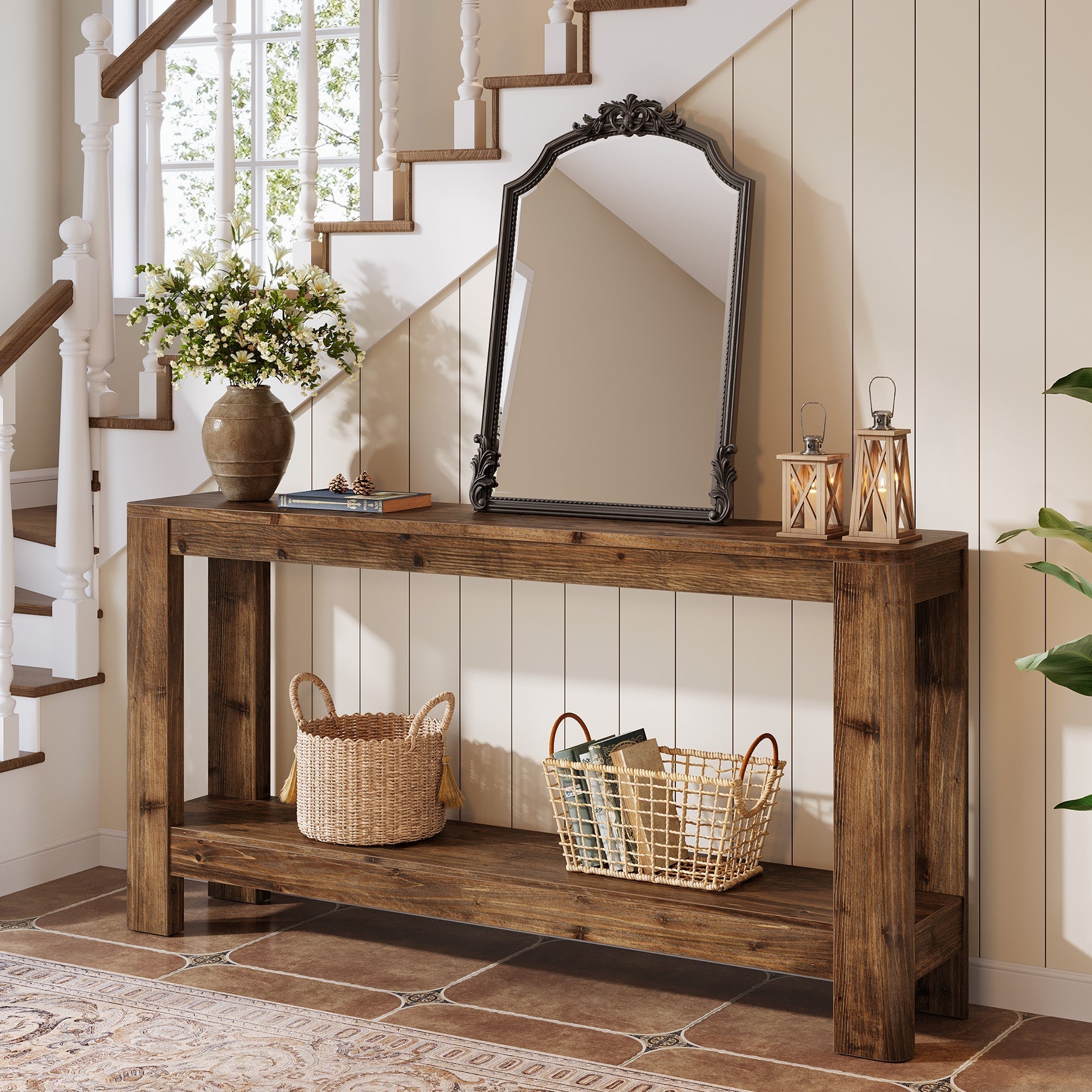 Tribesigns Console en bois massif de 160 cm, Table d'appoint étroite style ferme avec étagère