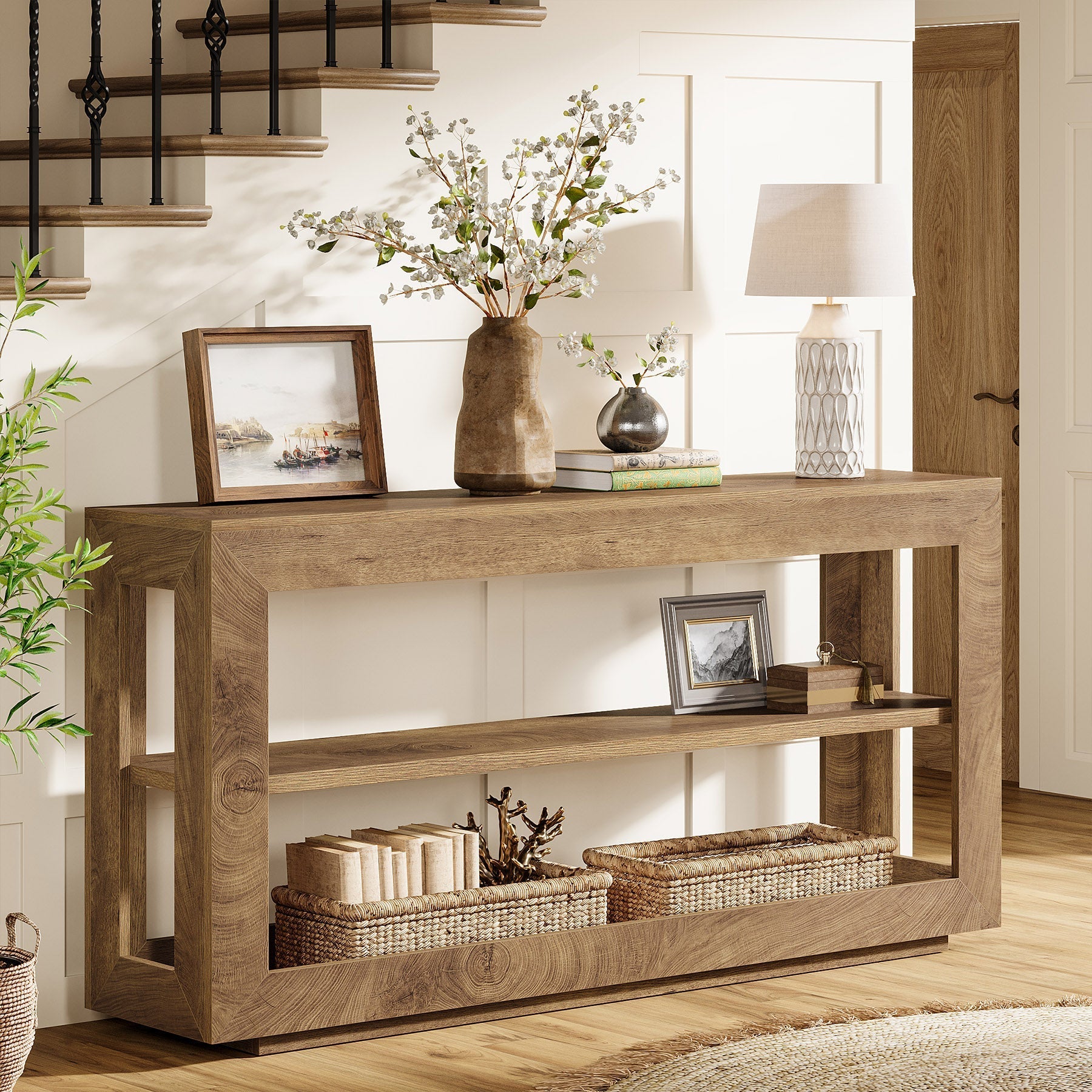 Tribesigns Console tafel 160 cm, boerenstijl haltafel met 3-laags opbergrek