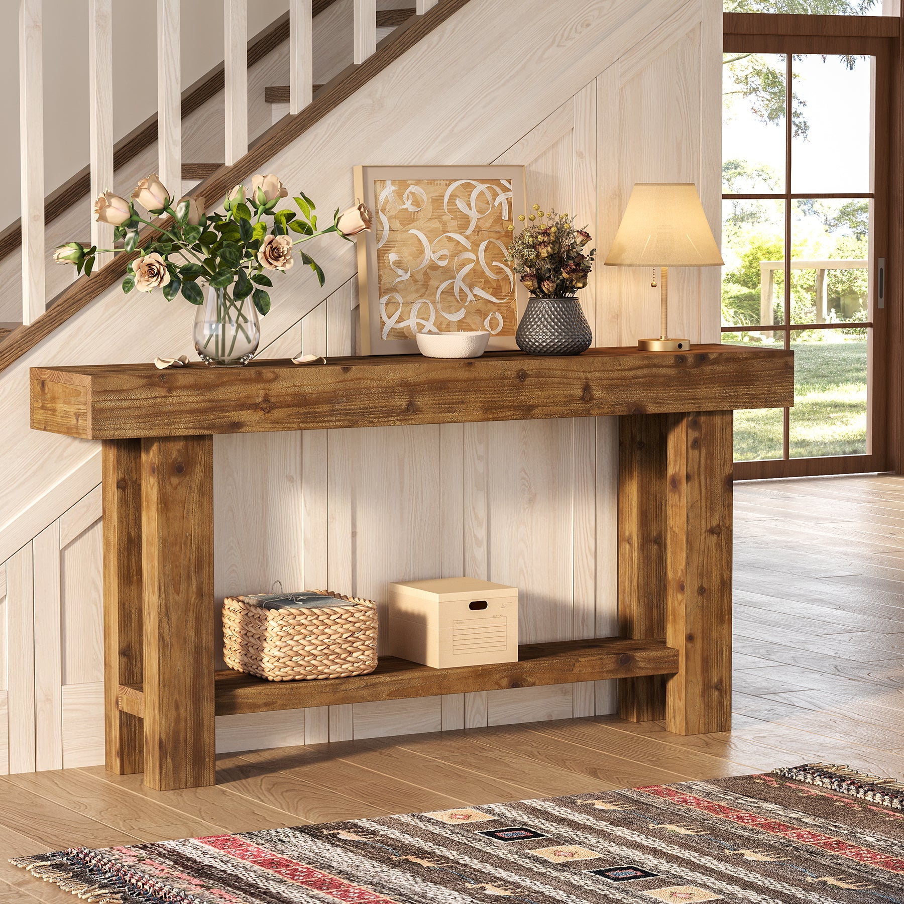 Tribesigns Console en Bois Massif 160 cm à 2 Niveaux pour Entrée