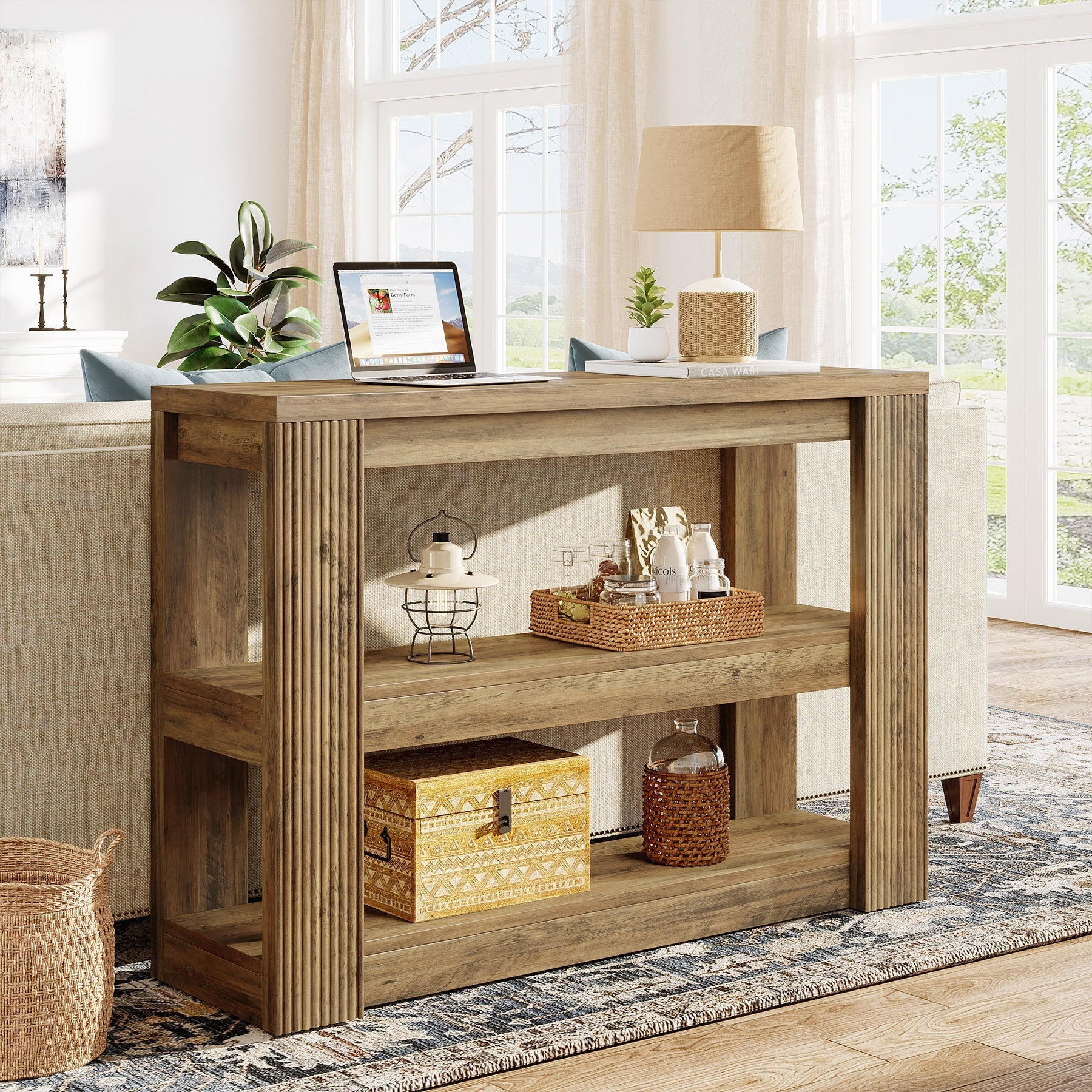 Tribesigns Console étroite 105 cm, Table basse de style campagnard à 3 niveaux avec étagères