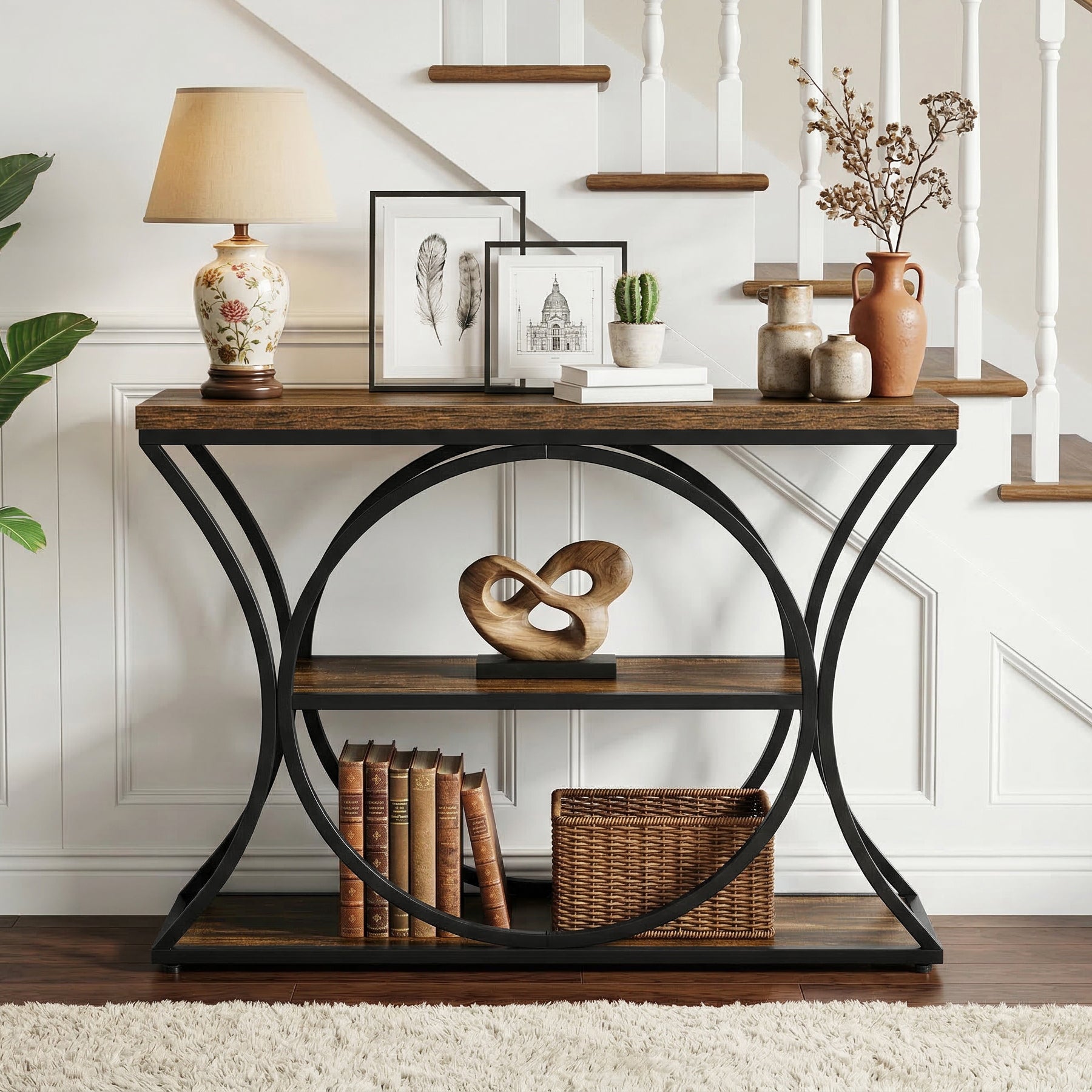 Tribesigns Console industrielle de 105 cm, table d’entrée étroite avec 3 étagères de rangement