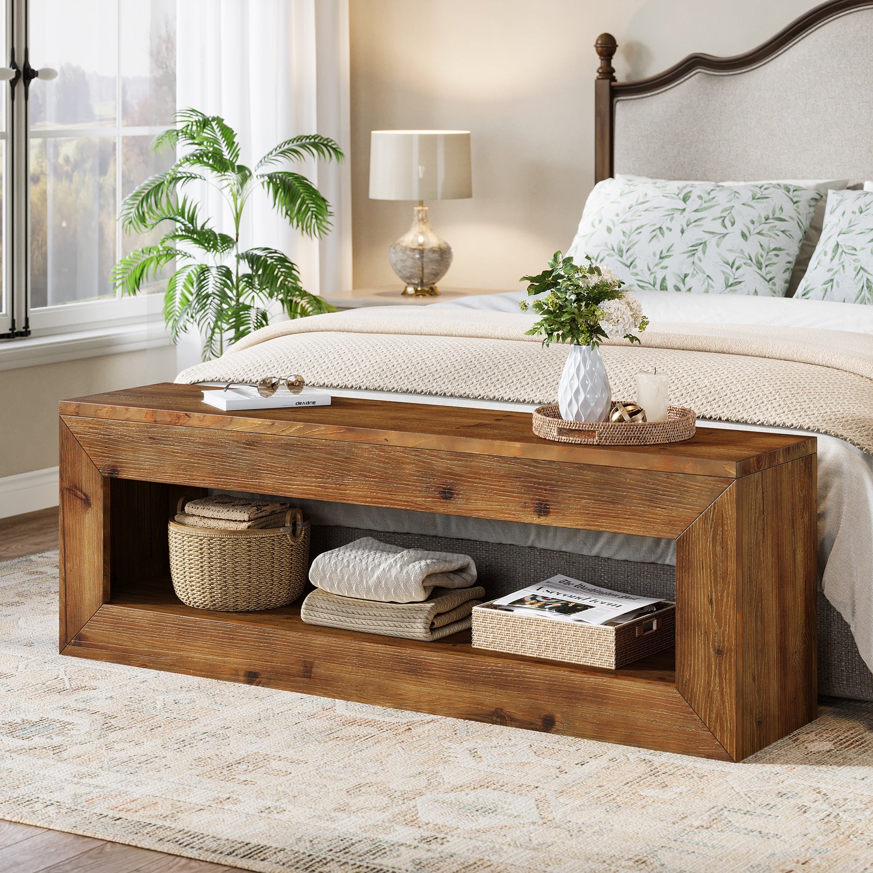 Tribesigns Banc d’Entrée en Bois Massif de 120 cm avec Étagère de Rangement, Style Rustique