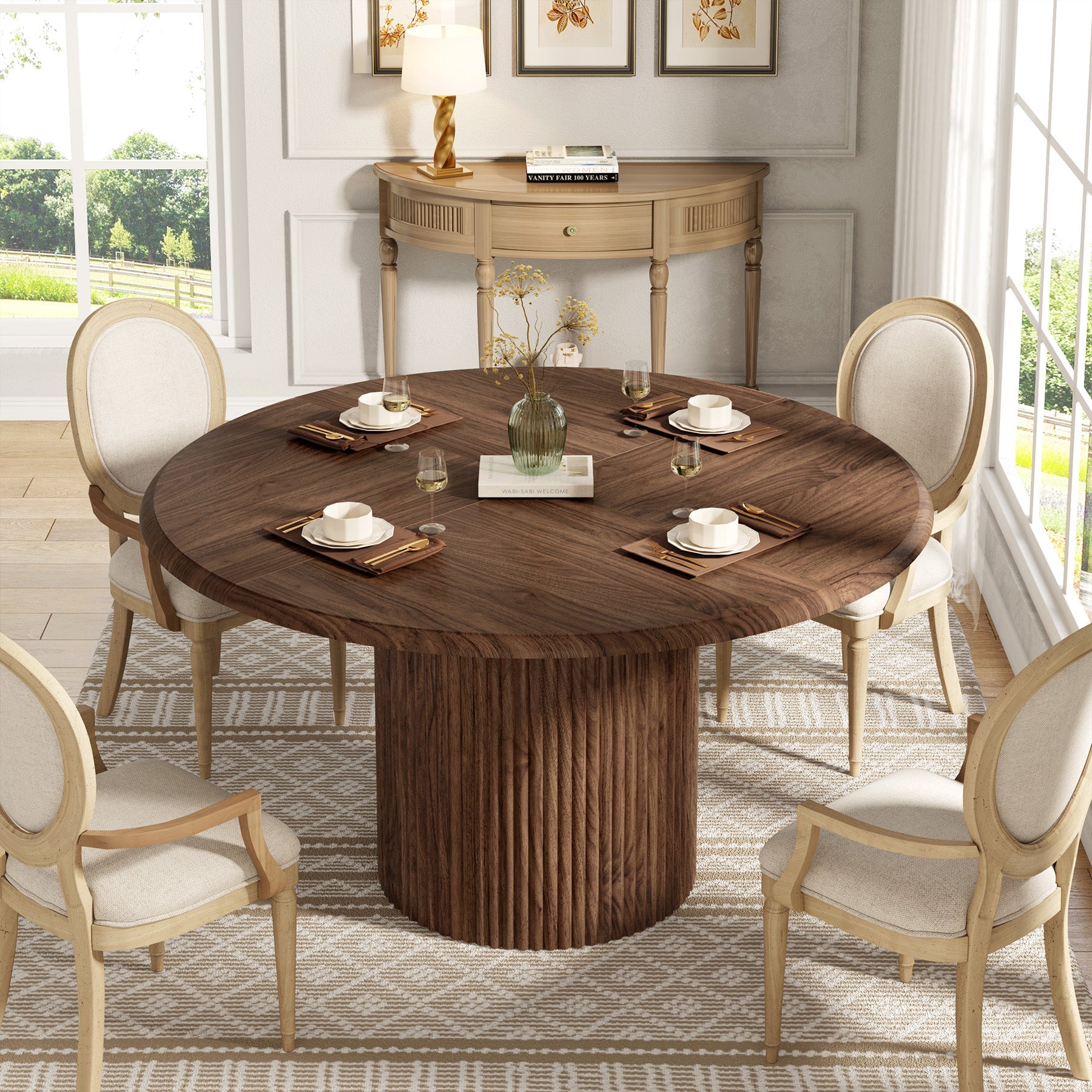 Tribesigns Table de salle à manger ronde, Table de cuisine de style campagnard de 120 cm avec piètement en métal pour 4 personnes