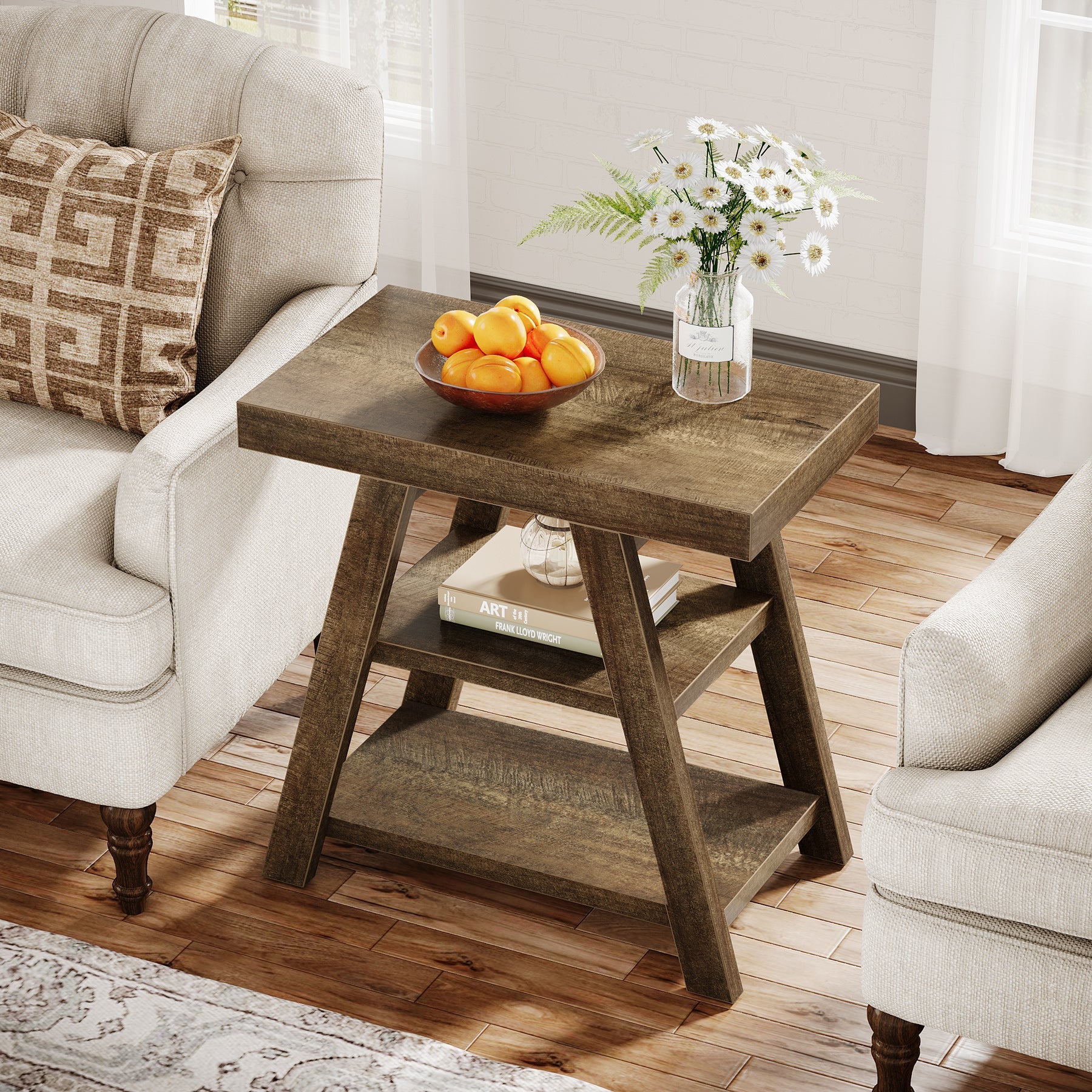 Tribesigns Table d’Appoint Rustique en Bois à 3 Niveaux avec Pieds Trapézoïdaux, 60 x 35 x 60 cm