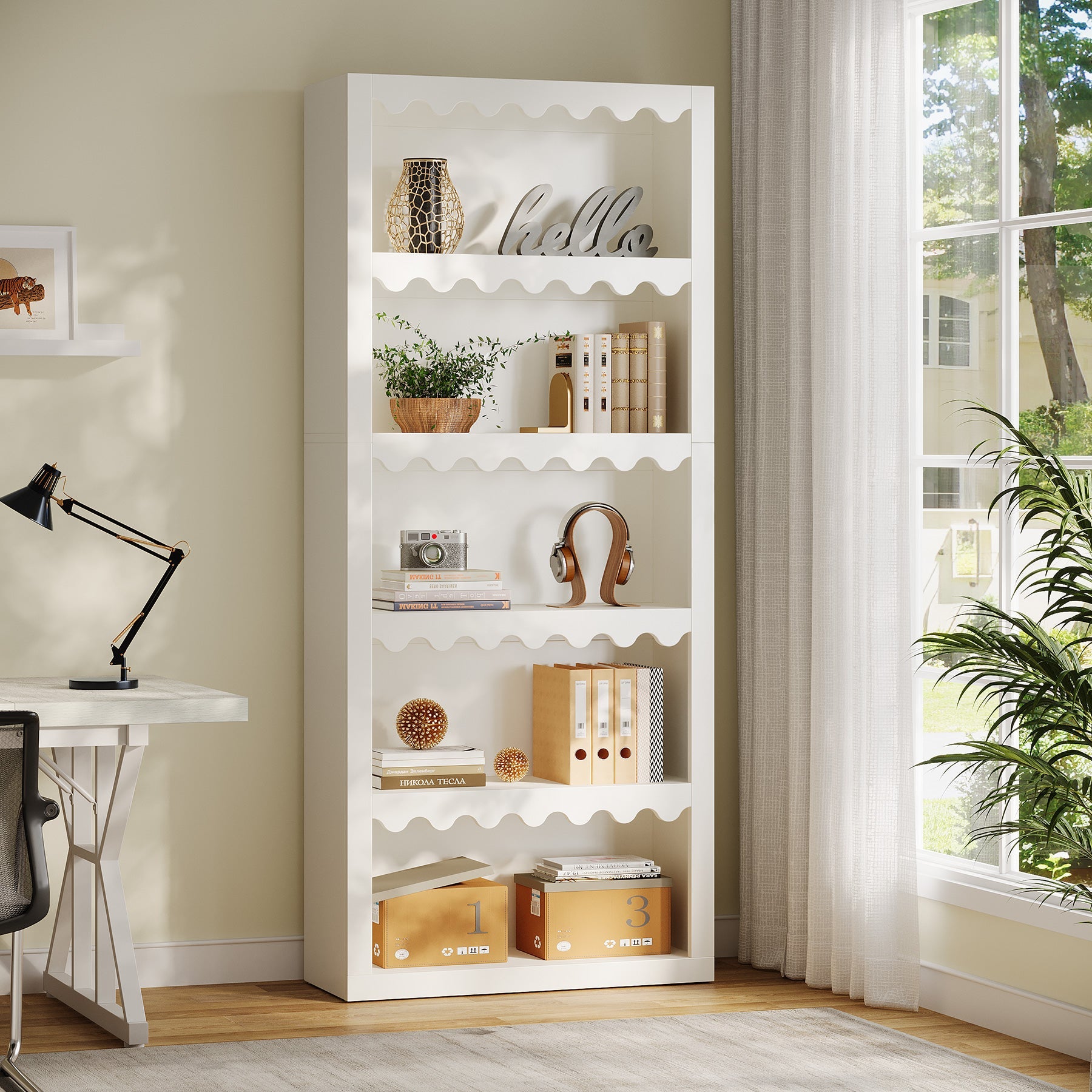Tribesigns Bibliothèque haute de 180 cm, étagère moderne avec bords festonnés pour salon